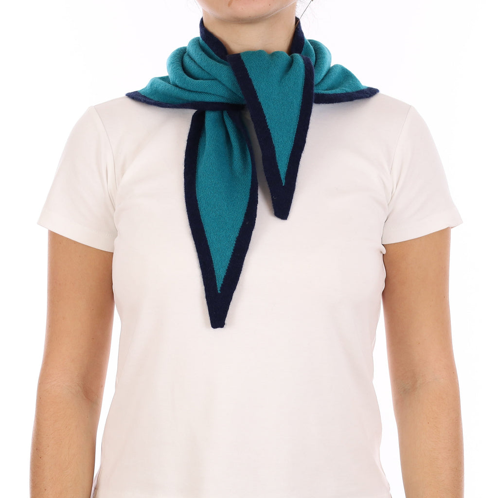 Brand New Teal and Navy Recycled Cashmere Triangle Scarf