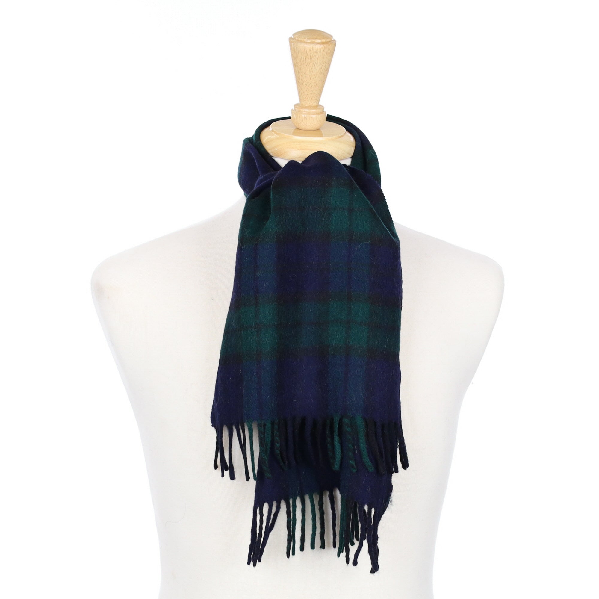 Navy and Bottle Green Tartan Fringed Cashmere Woven Scarf