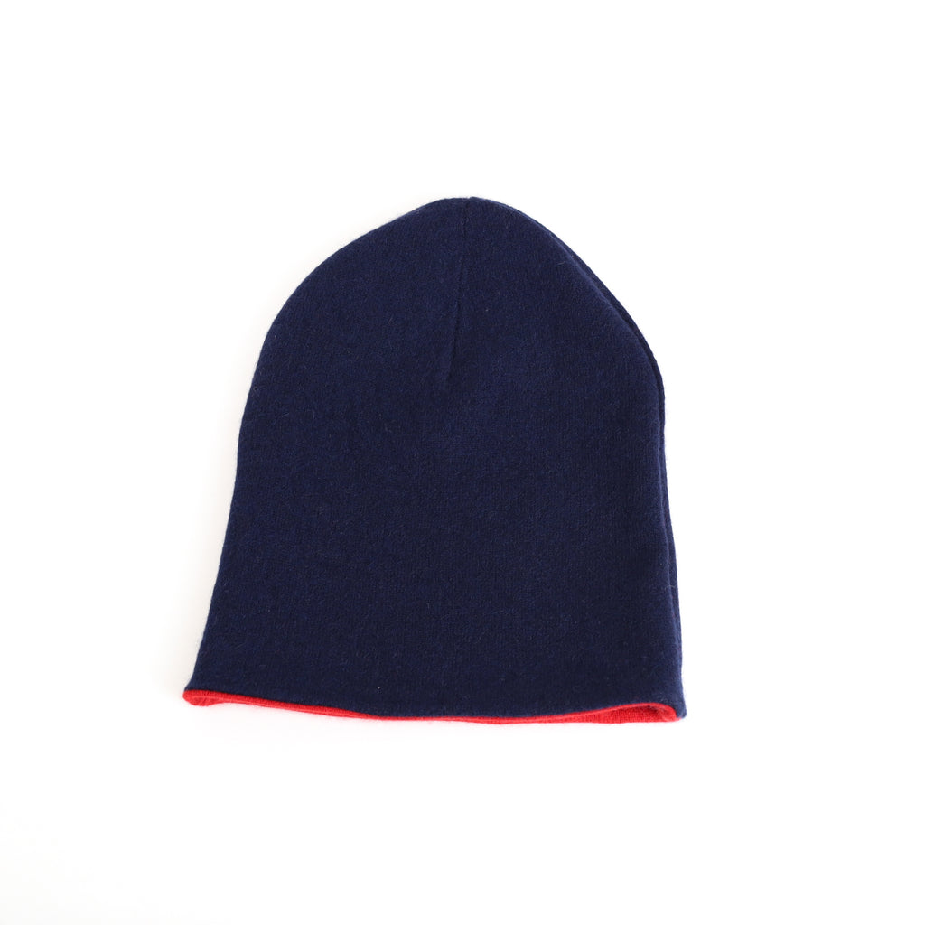 Darkest Navy and Red Reversible Cashmere Beanie Hat