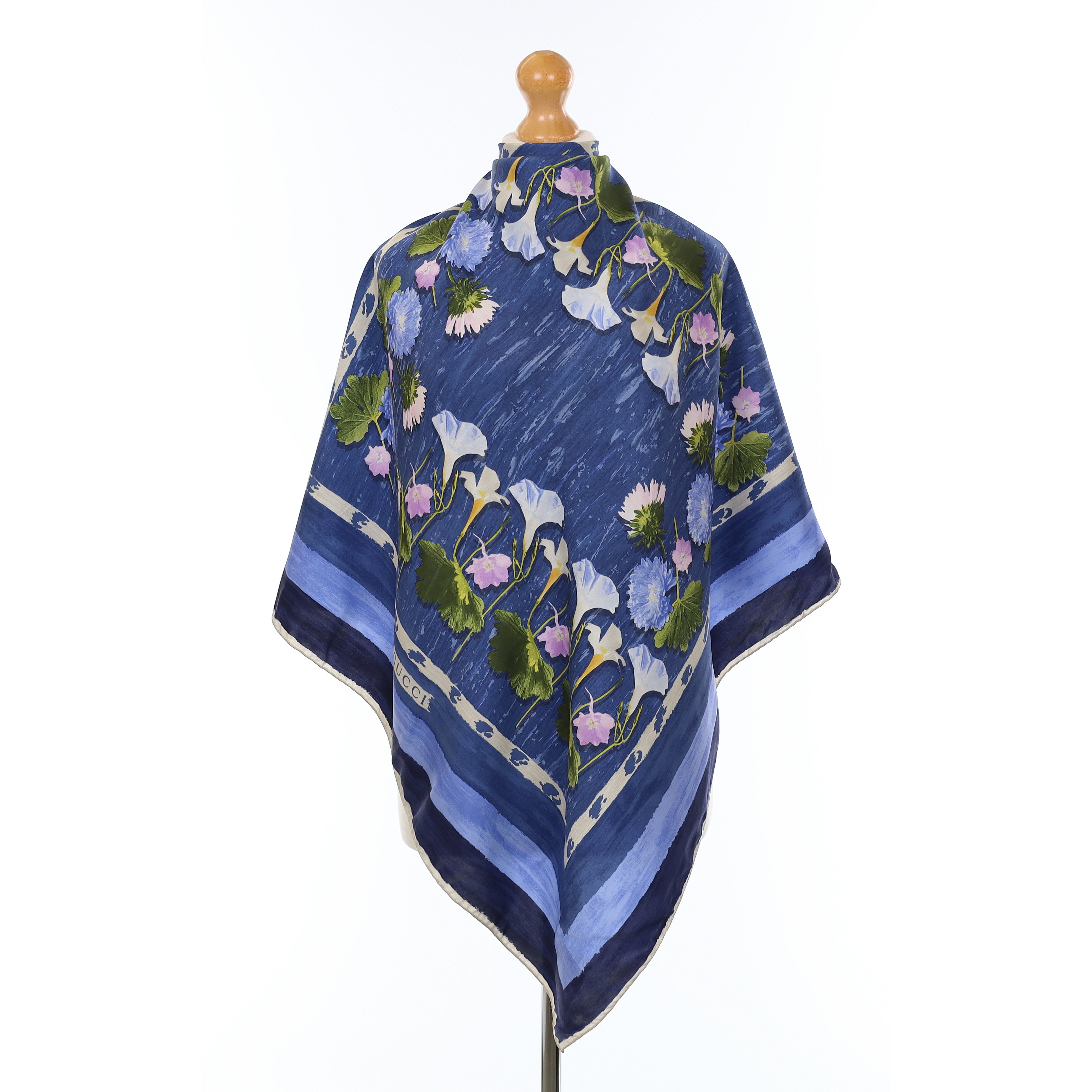 Gucci Blue Floral Vintage Silk Scarf