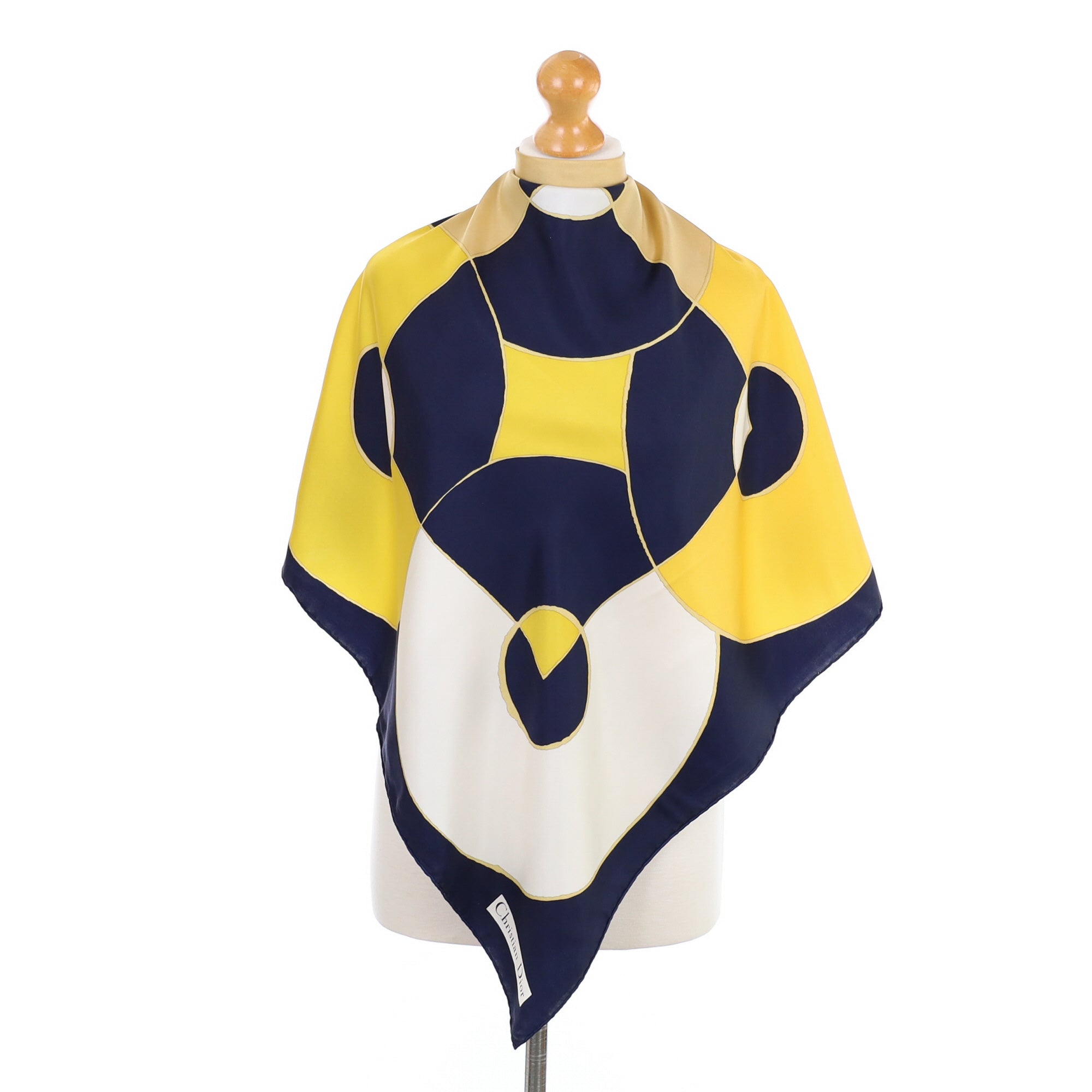Immaculate Christian Dior Navy, Yellow & Cream Vintage Silk Scarf