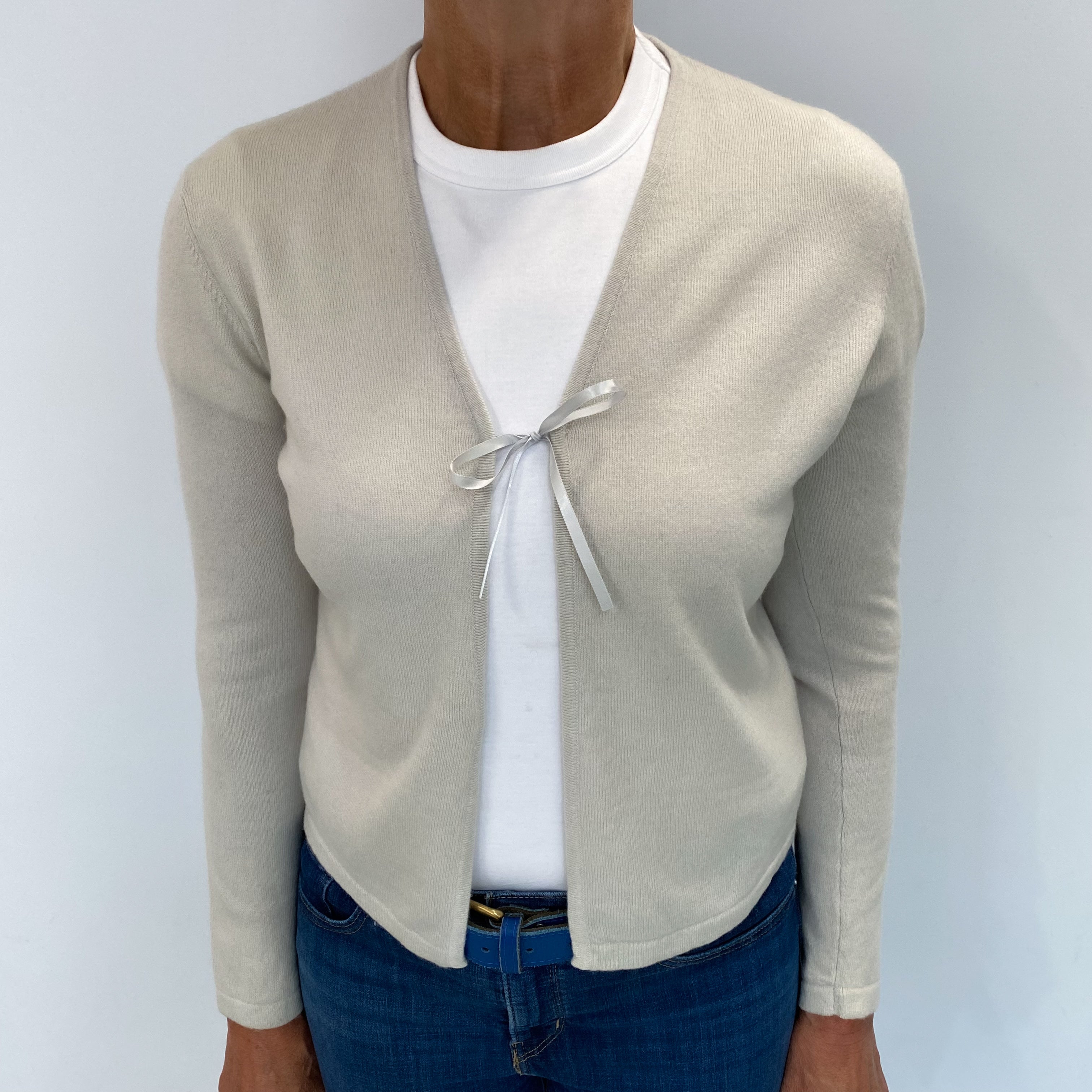Alabaster Beige Cashmere Tie Front Cardigan Medium