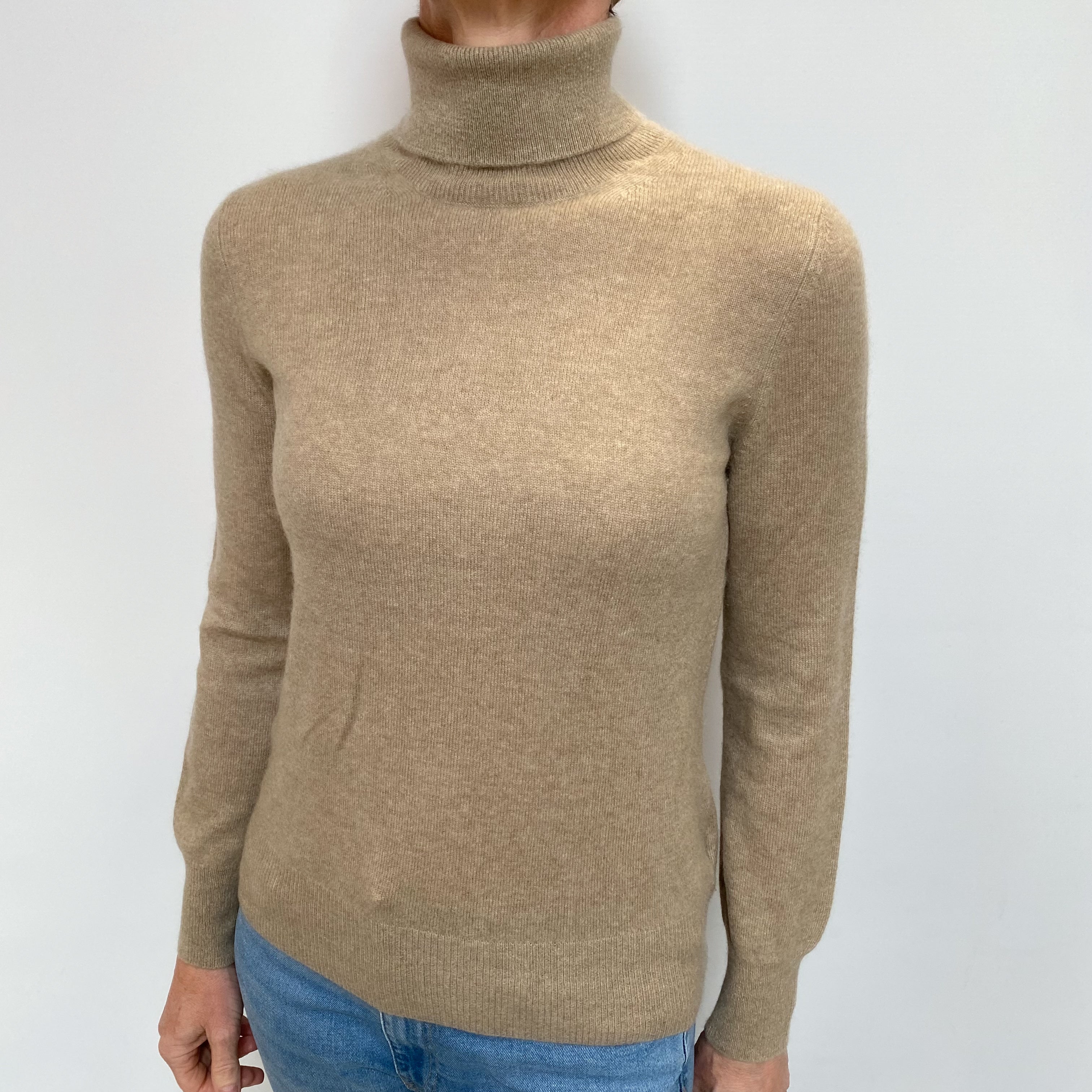 Fawn Brown Cashmere Polo Neck Jumper Small