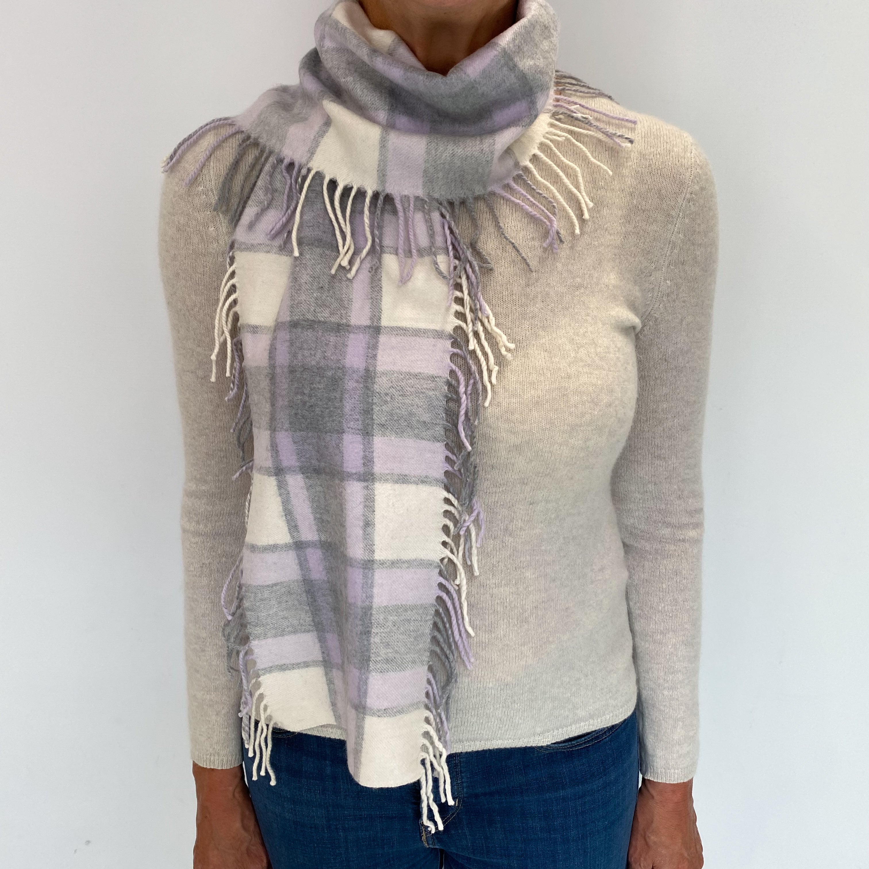 Lavender and Grey Checked Cashmere Woven Tassel Edged Scarf