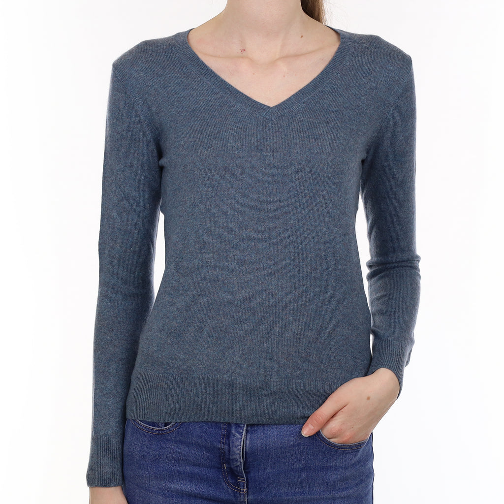 Dusky Denim Blue Cashmere V Neck Jumper Extra Small