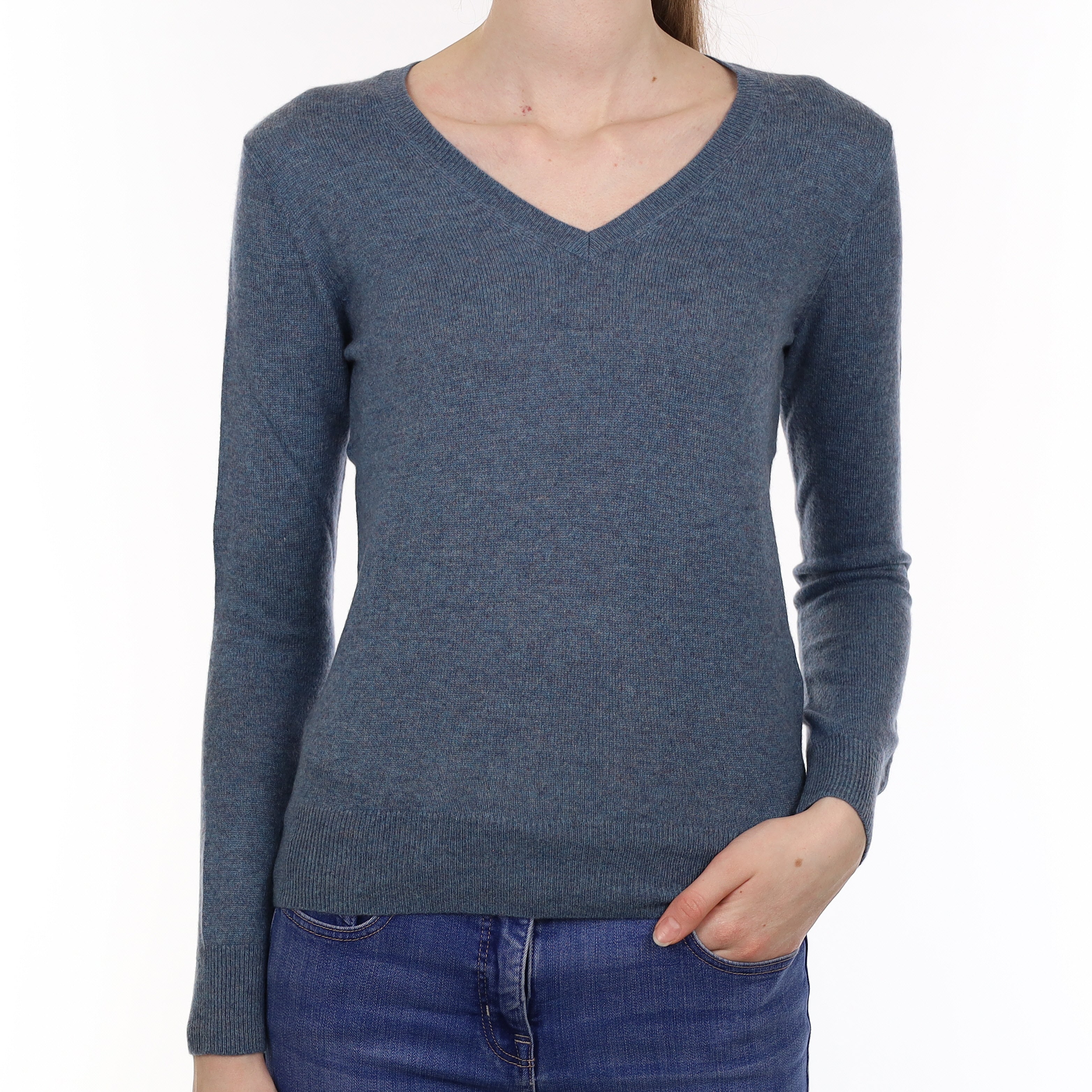 Dusky Denim Blue Cashmere V Neck Jumper Extra Small
