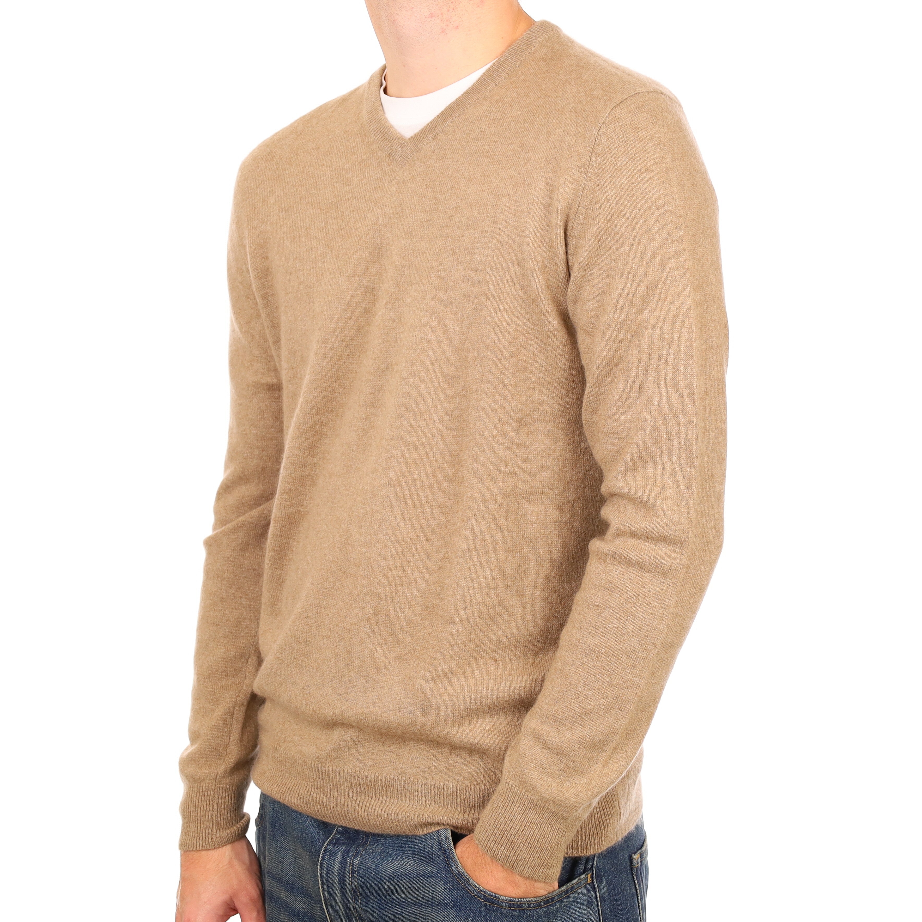 Men’s Taupe Brown Cashmere V Neck Jumper Large