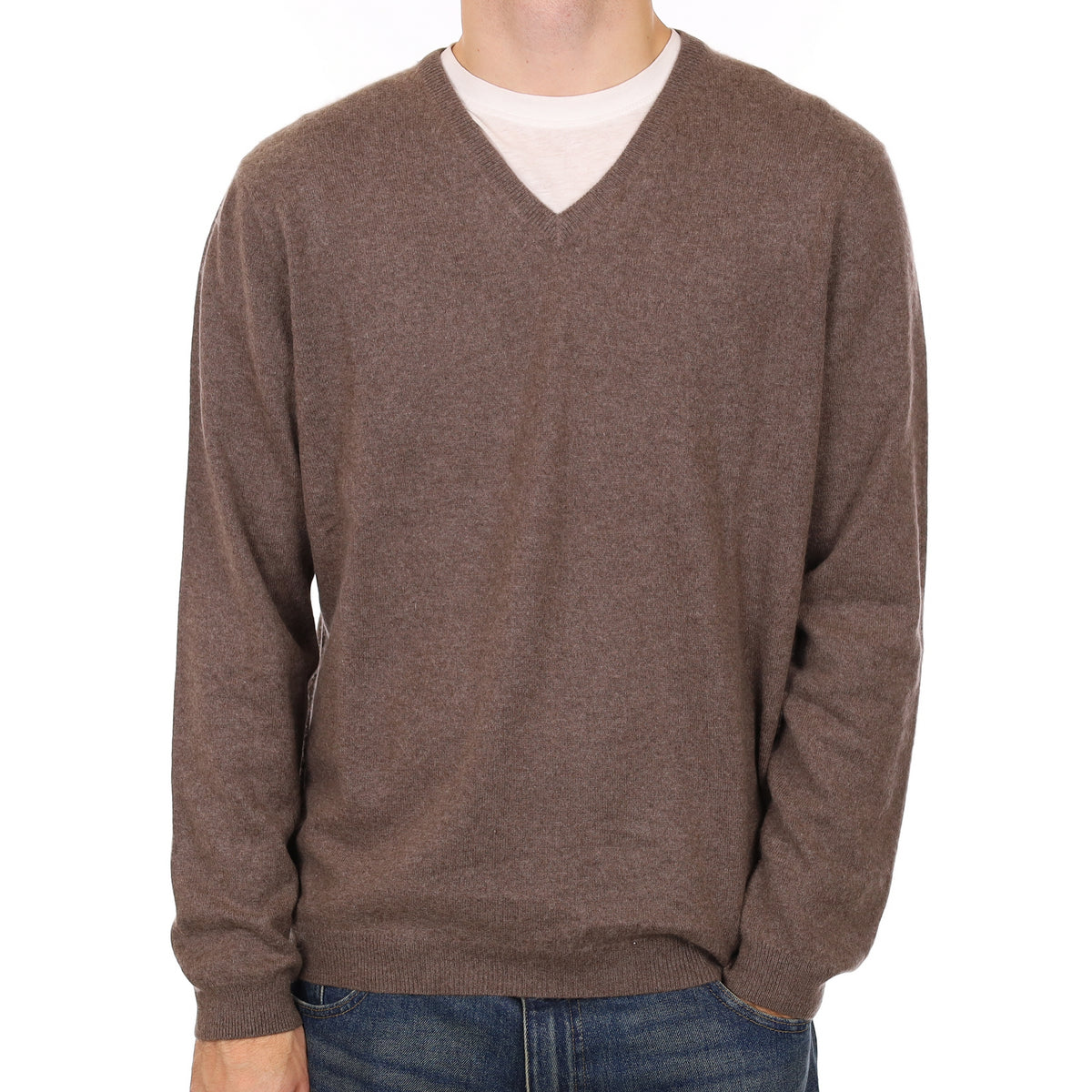 Men’s Mushroom Brown Cashmere V Neck Jumper Large