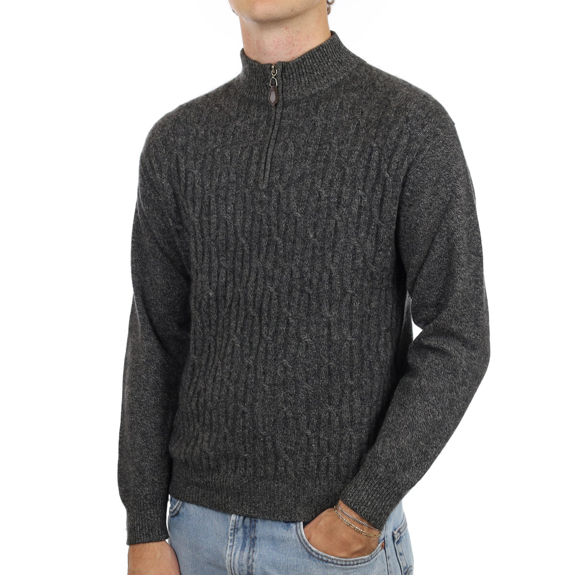 Men’s Slate Grey Marl Textured Cashmere 1/4 Zip Neck Jumper Medium