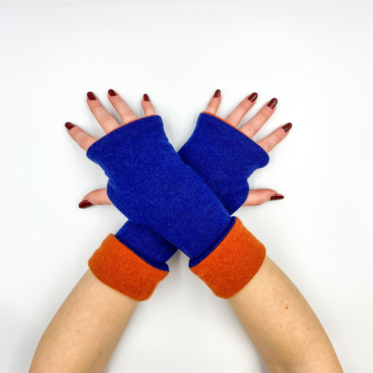 French Navy and Rust Orange Luxury Reversible Cashmere Fingerless Glovese