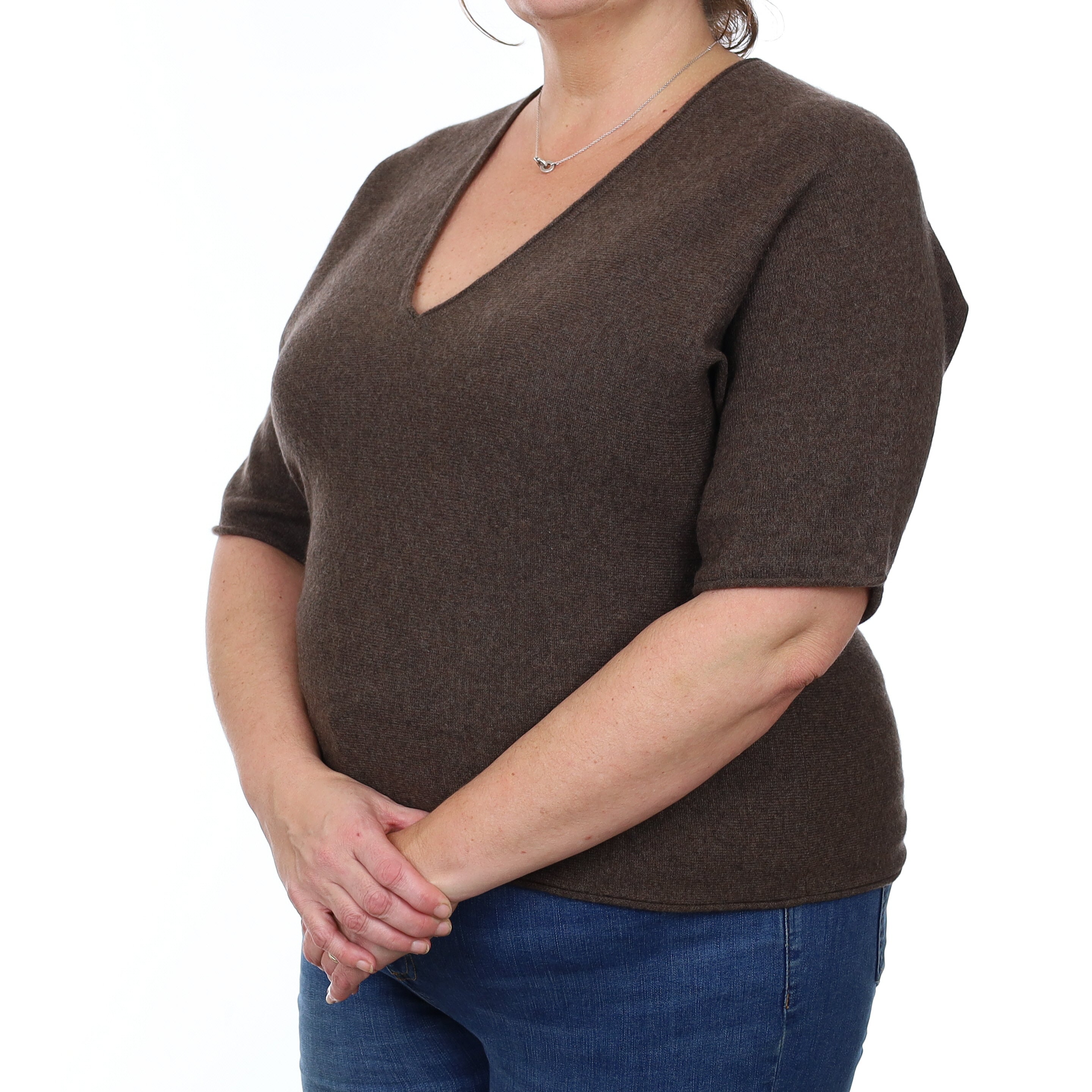 Mole Brown Cashmere Short Sleeved V Neck Jumper XL