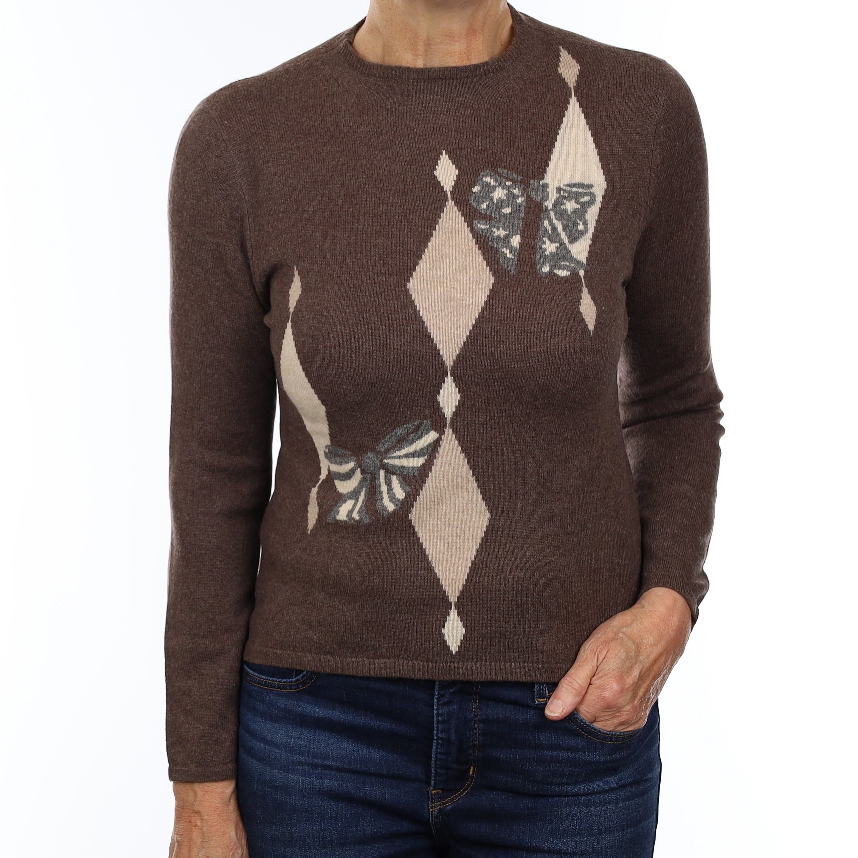 Mole Brown Patterned Cashmere Crew Neck Jumper Medium