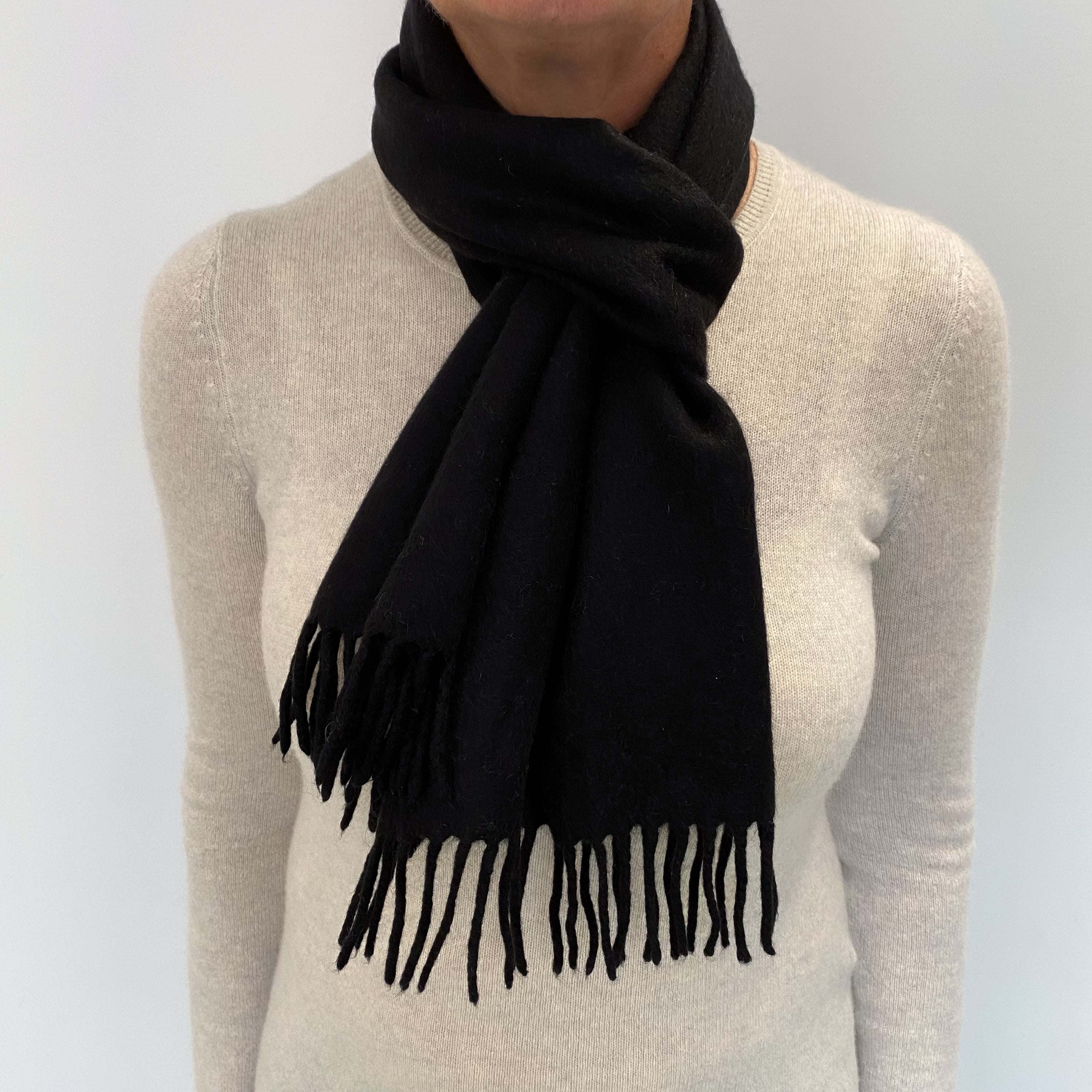 Italian Black Cashmere Woven Fringed Scarf