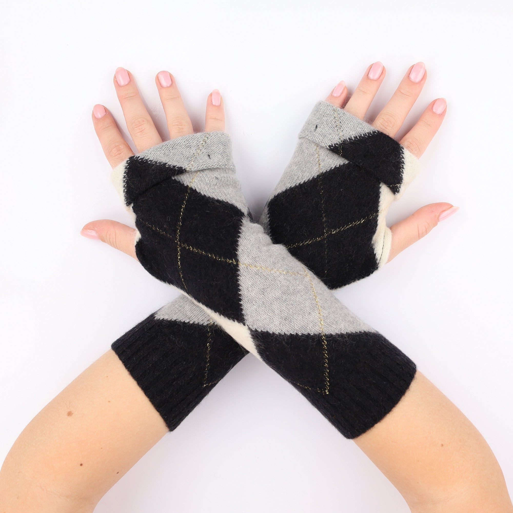 Grey, Cream and Black Argyle Fingerless Gloves