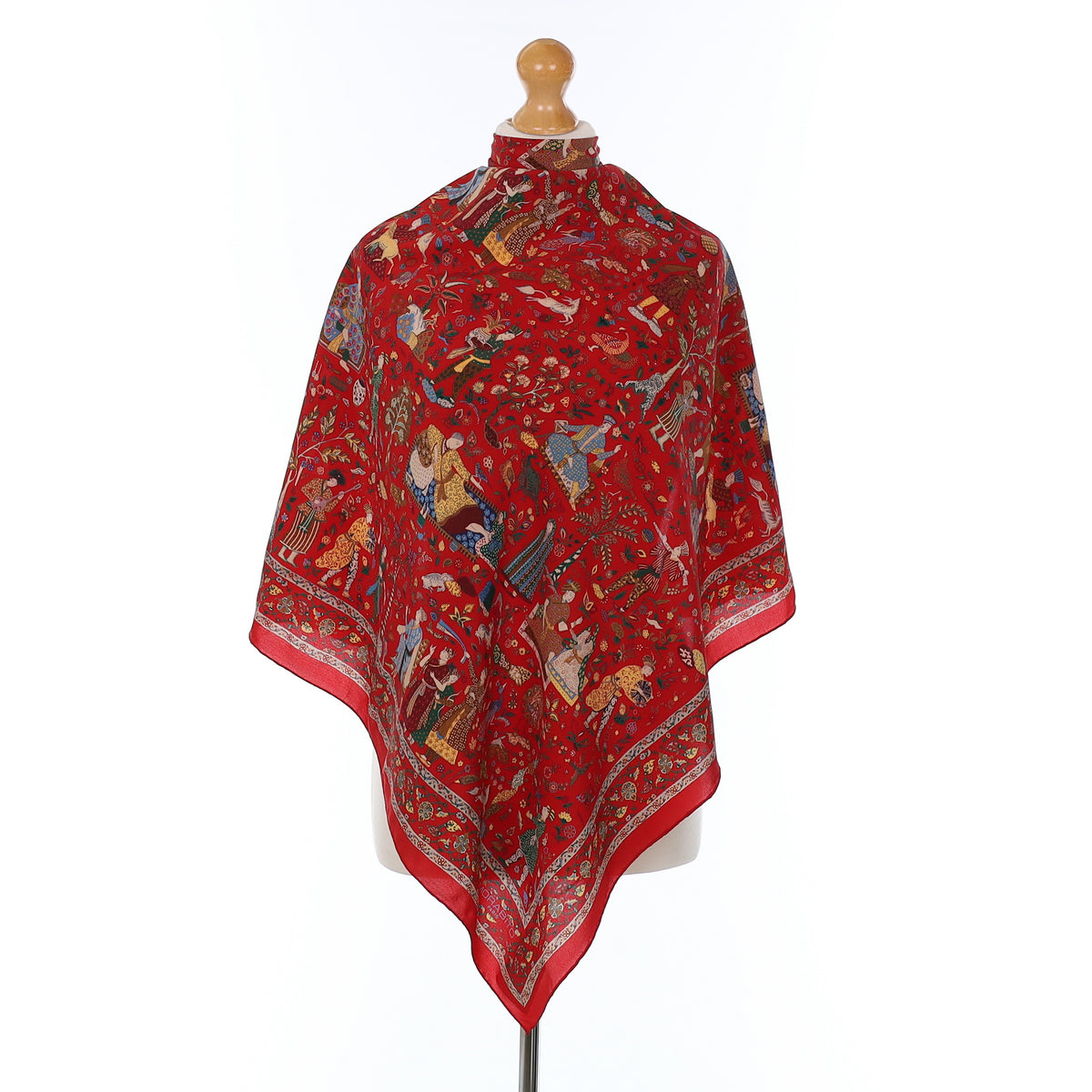 Morabito Red Folklore Design Vintage Silk Scarf