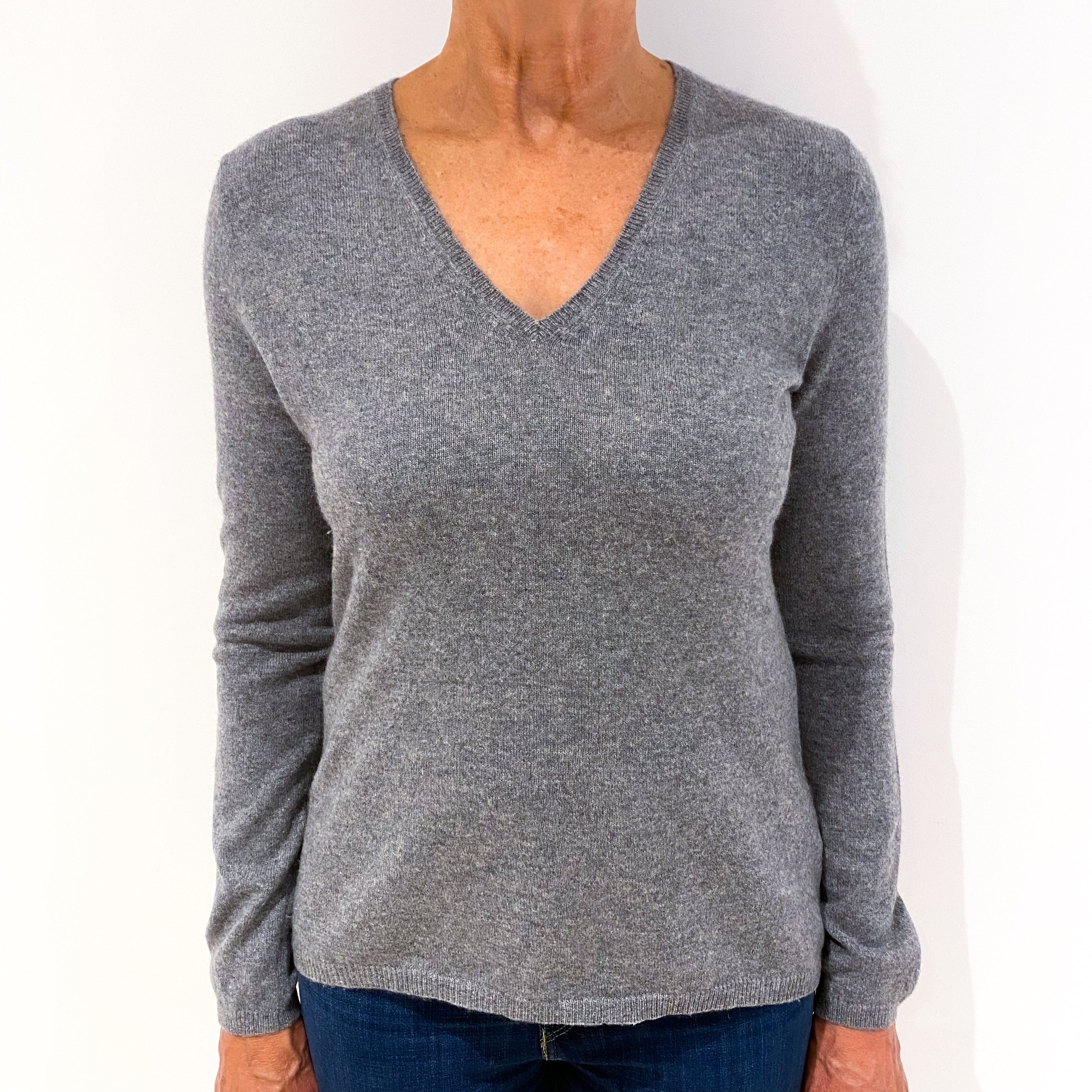 Smoke Grey Cashmere V-Neck Jumper Medium