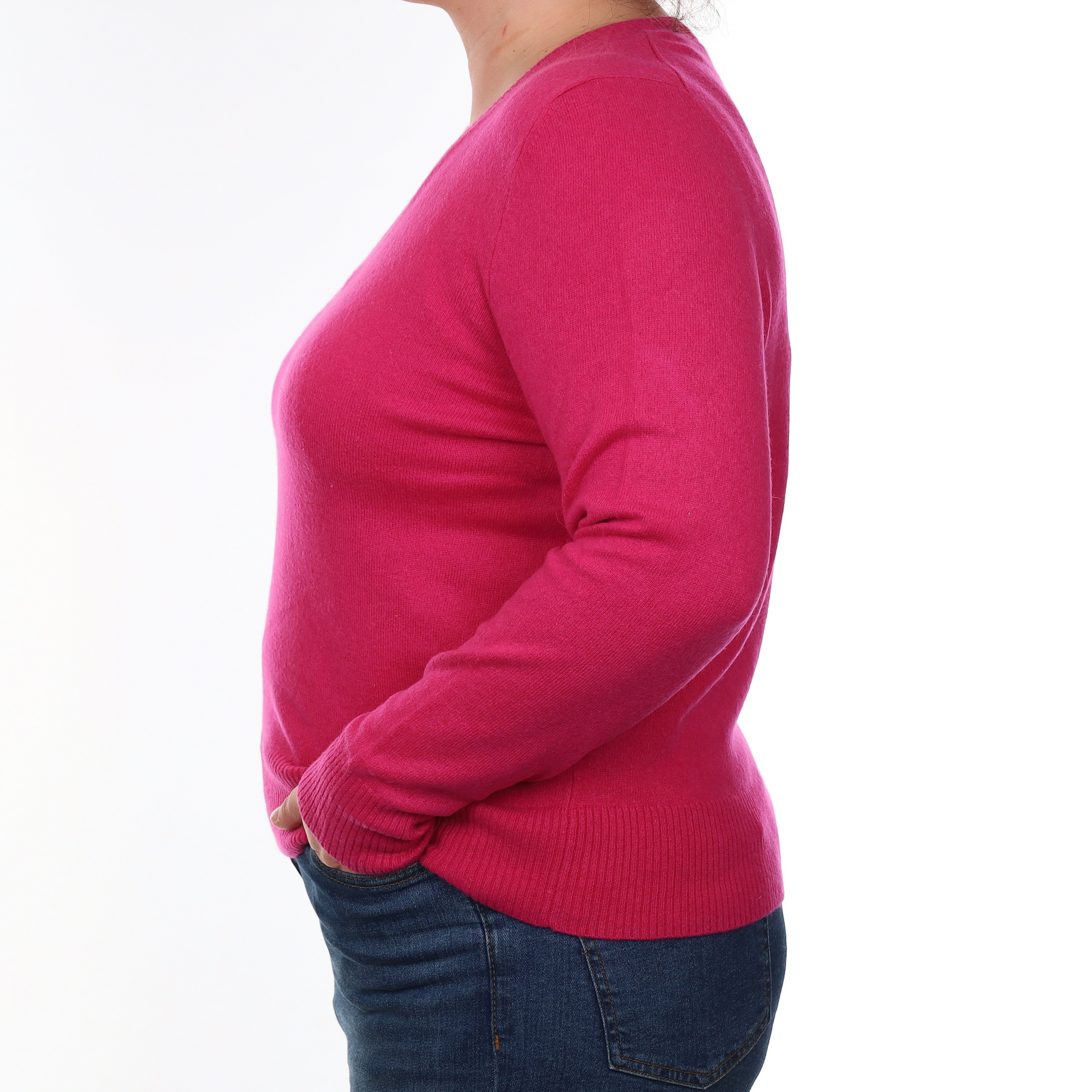 Fuchsia Pink Cashmere V Neck Jumper Large