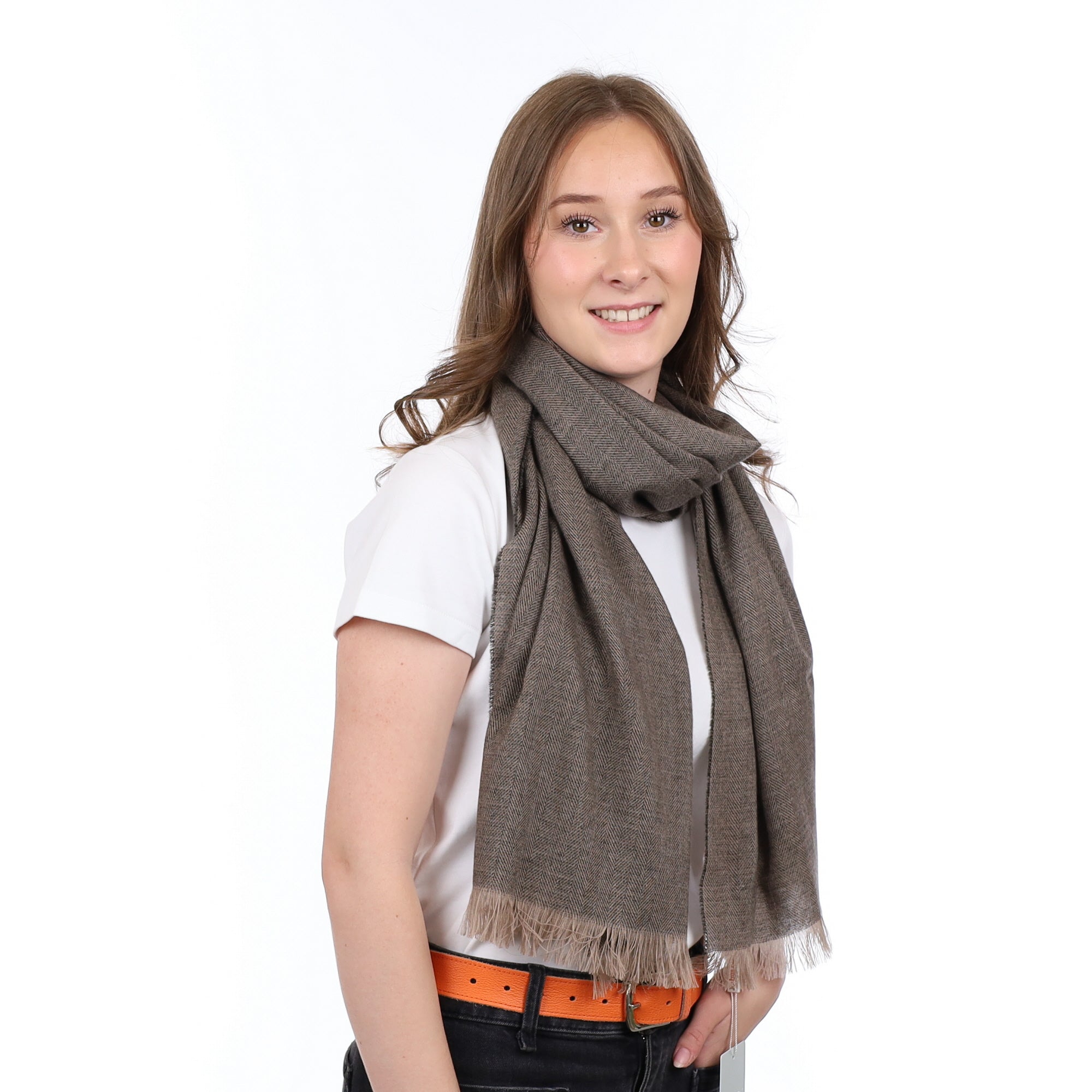 Brand New British Peppercorn & Fawn Herringbone Luxury Woven Cashmere Mini Wrap
