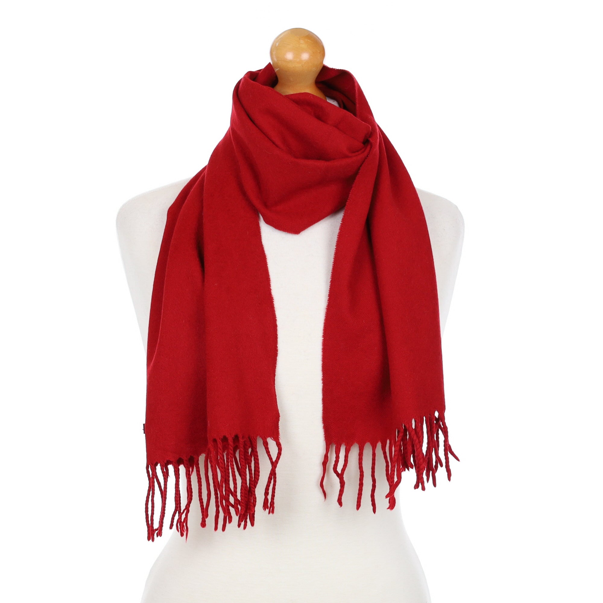 Italian Crimson Red Cashmere Fringed Woven Scarf