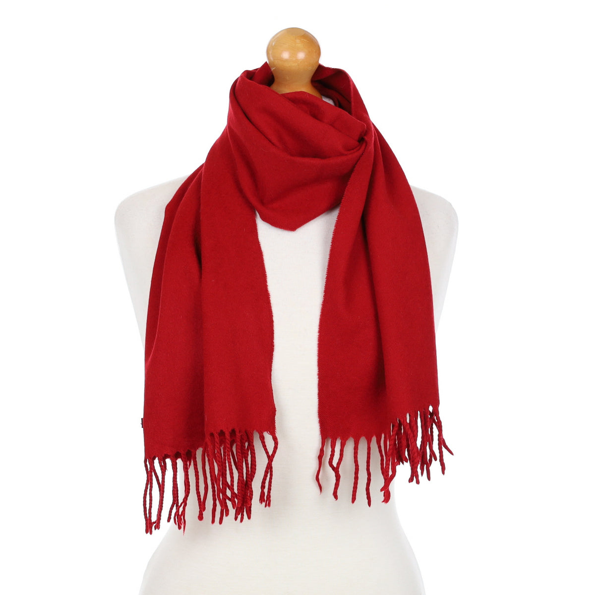 Italian Crimson Red Cashmere Fringed Woven Scarf