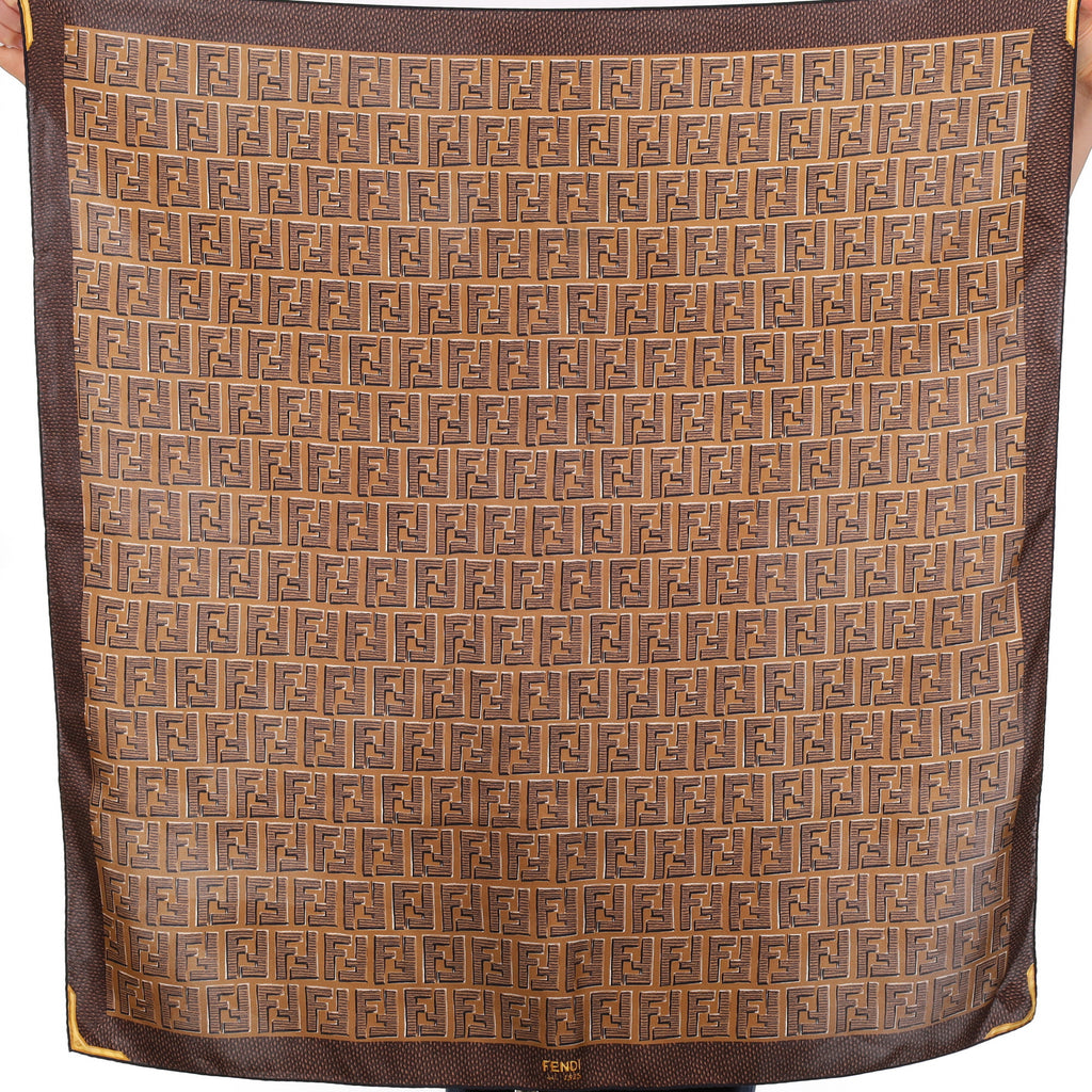 Fendi Brown Logo Design Silk Scarf