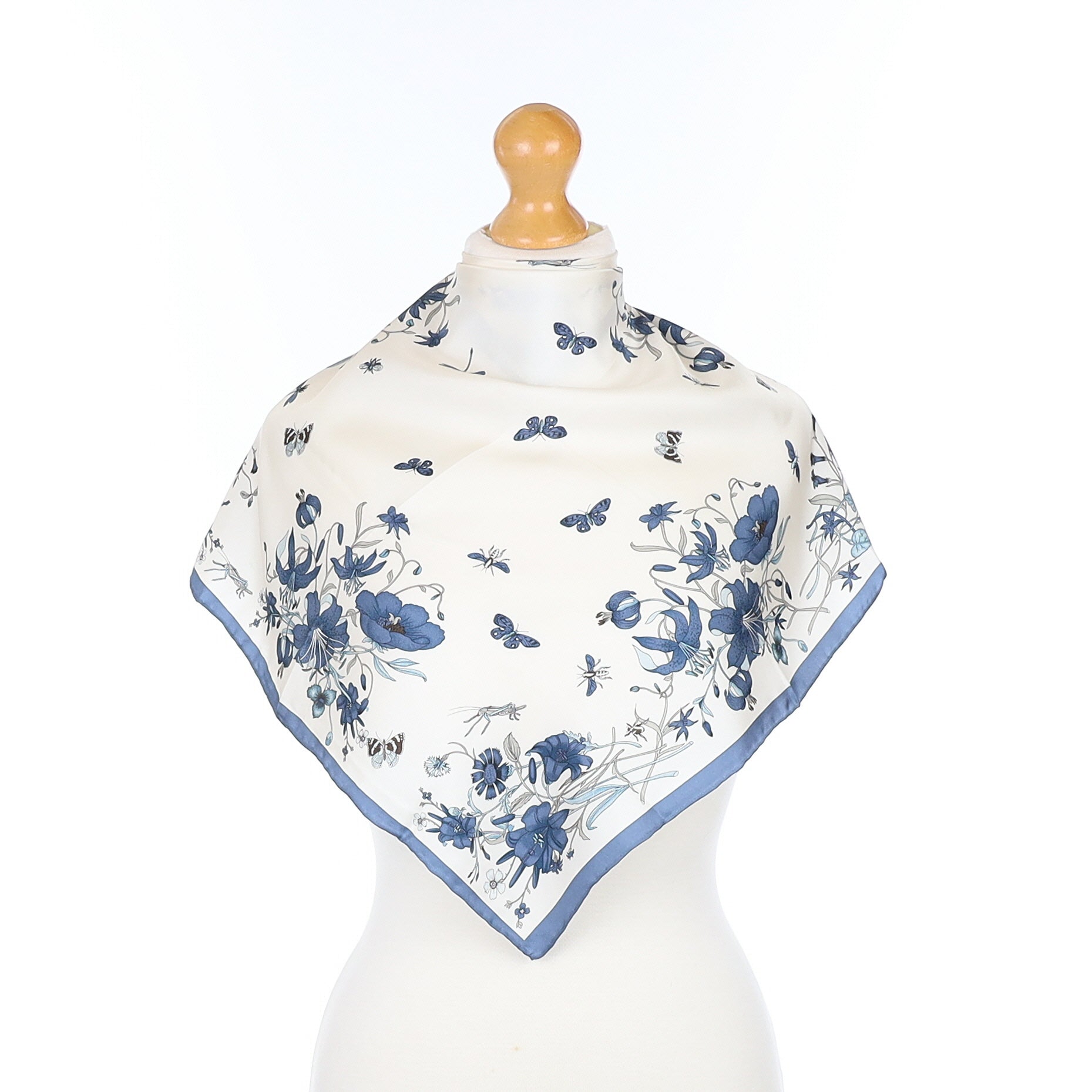 Floral Patterned Blue and Pale Cream Vintage Silk Scarf
