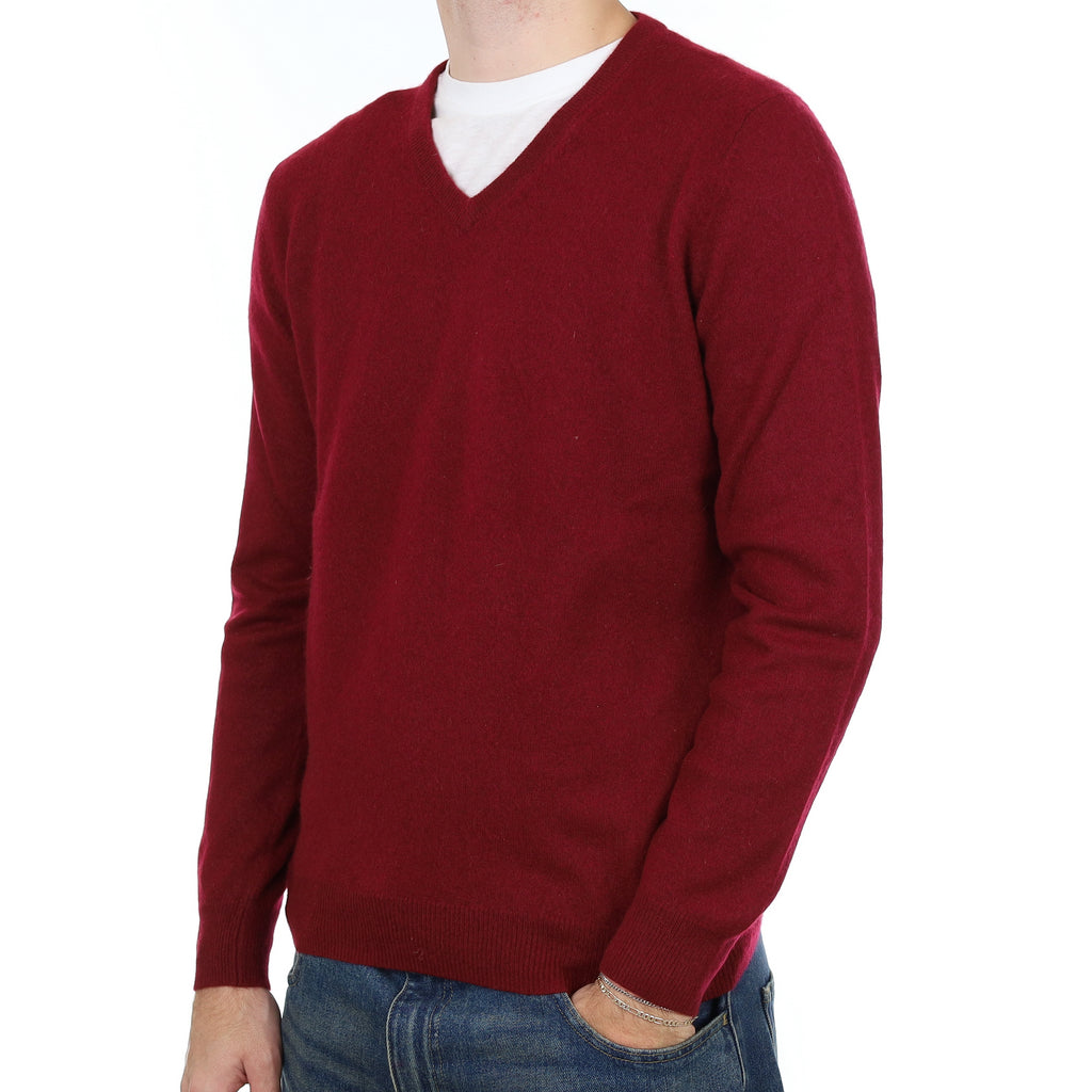 Men’s Burgundy Red Cashmere V Neck Jumper Large