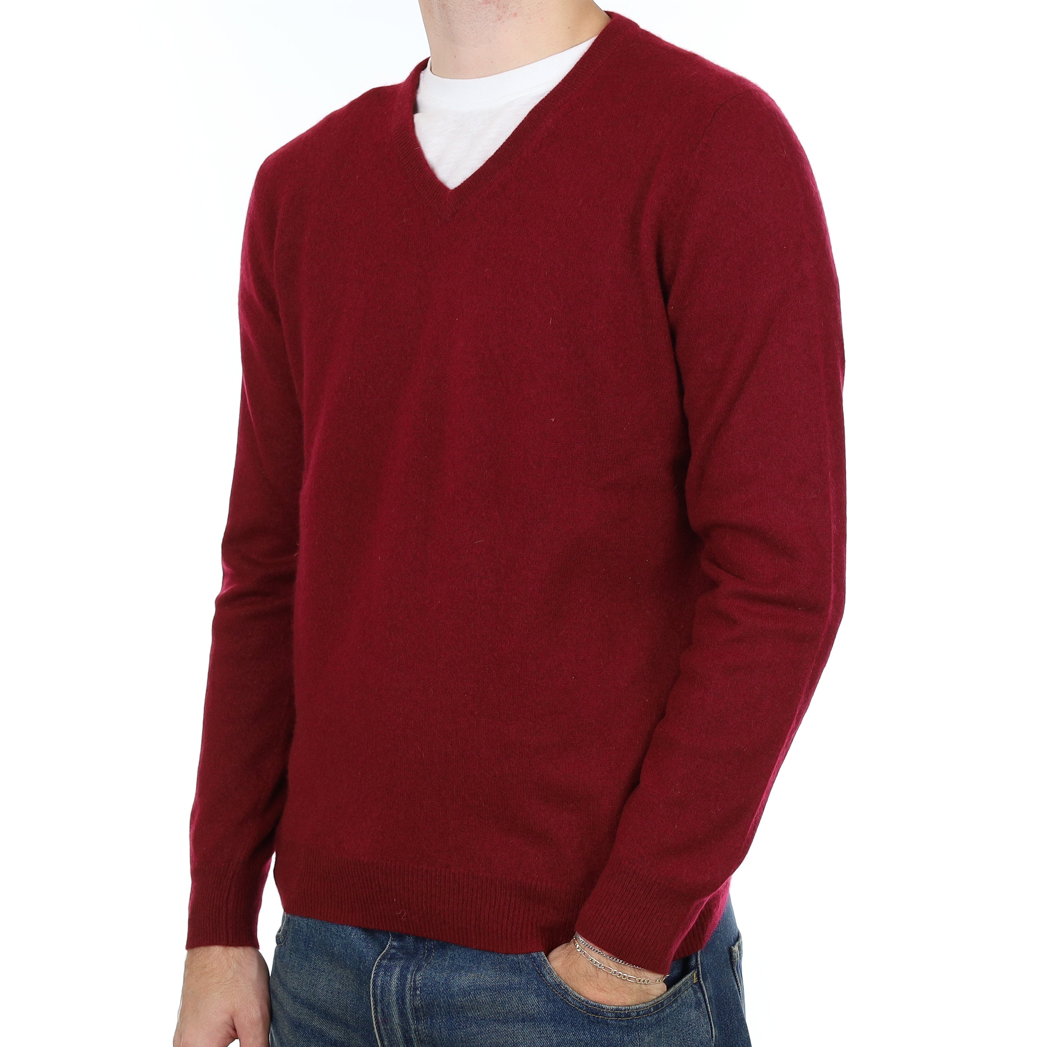 Men’s Burgundy Red Cashmere V Neck Jumper Large