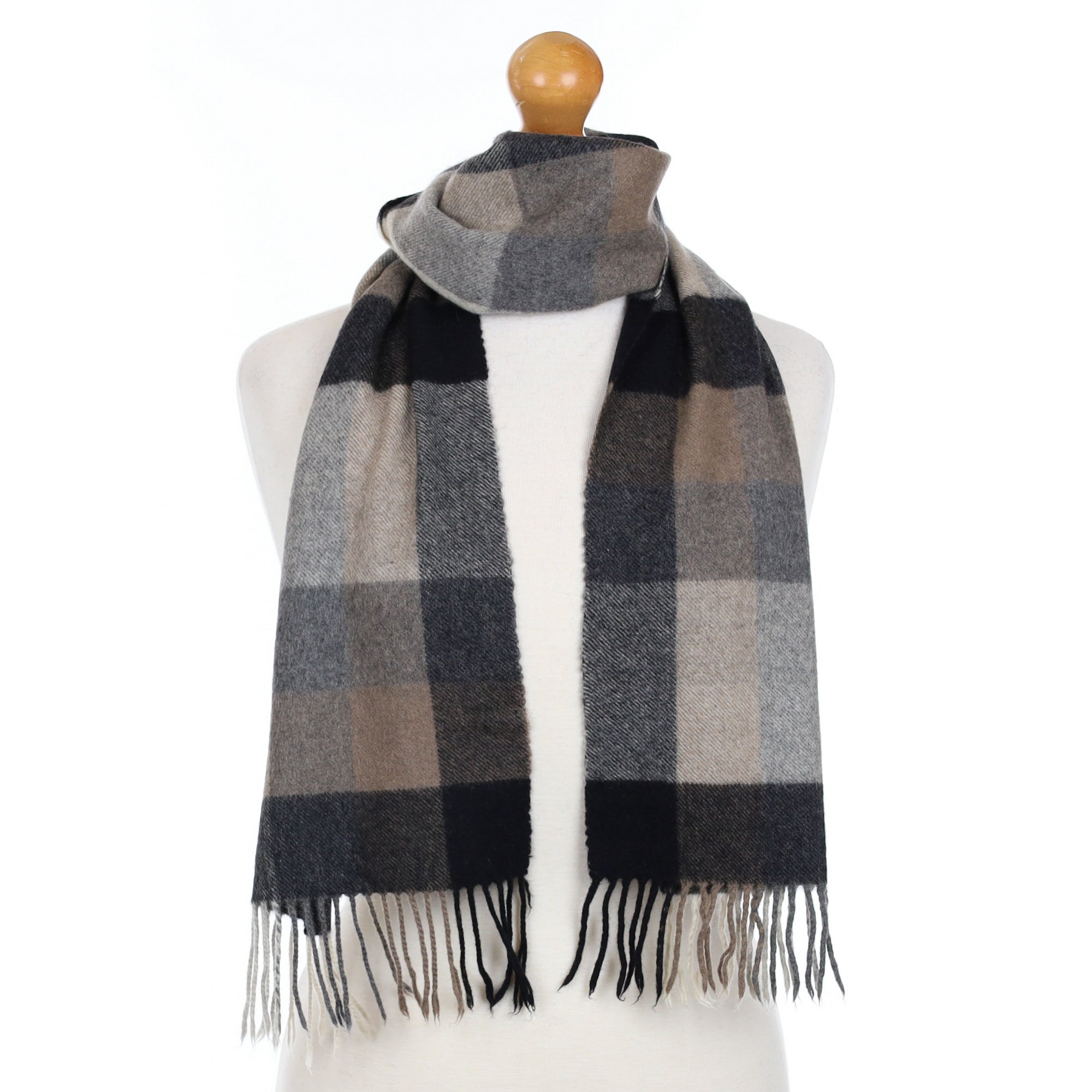Grey Mocha Check Cashmere Fringed Woven Scarf