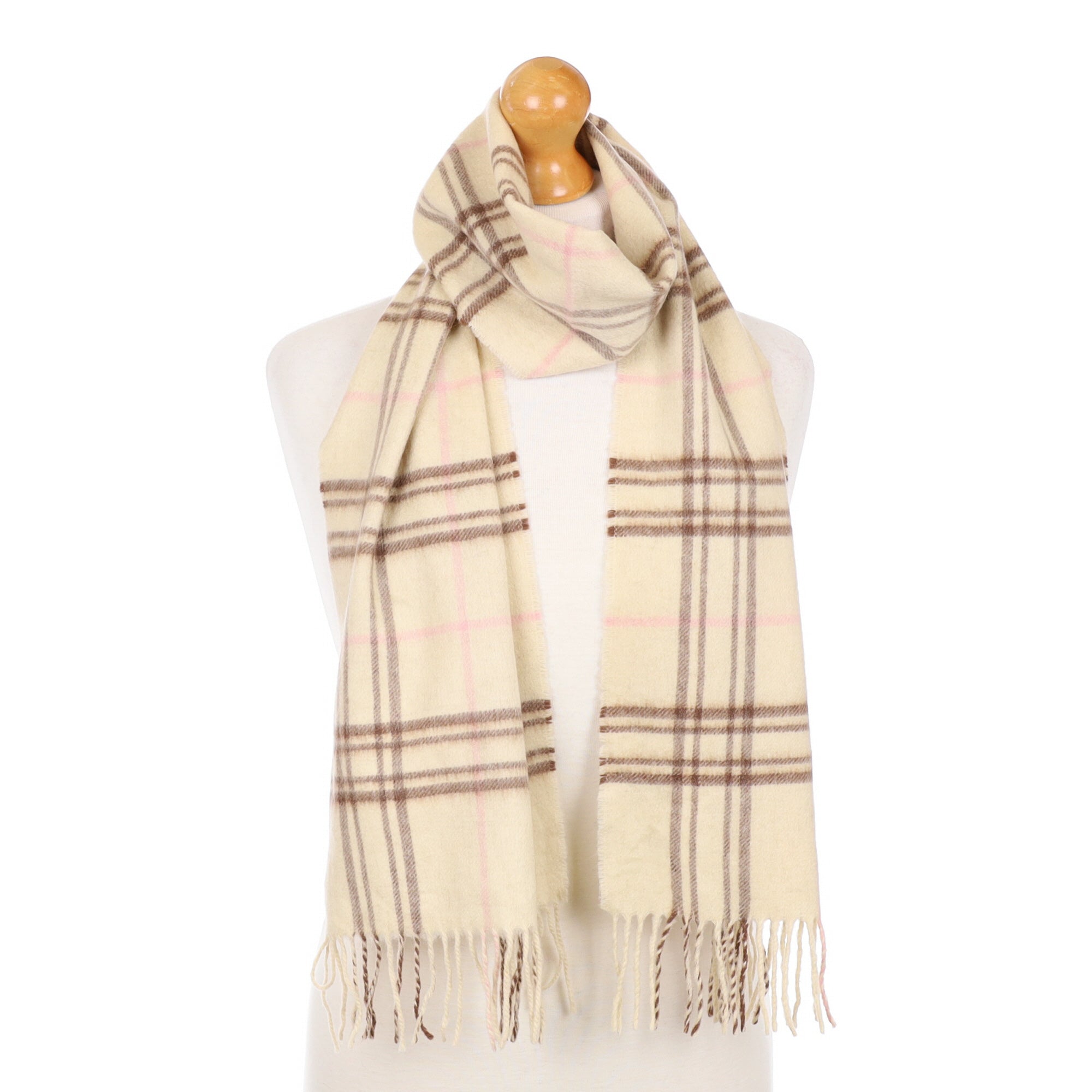 Cream Tartan Cashmere Fringed Woven Scarf