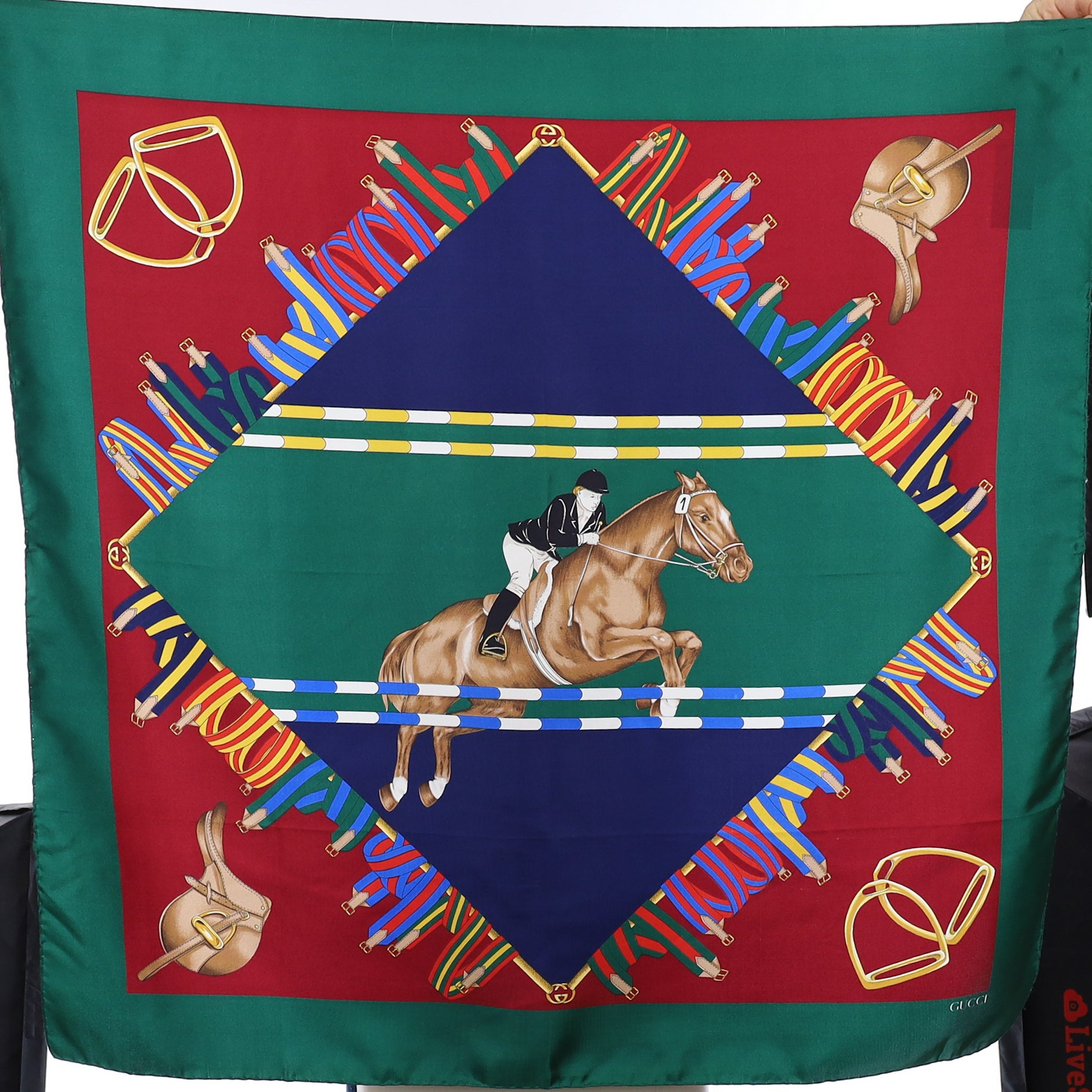 Brand New Gucci Equestrian Green Vintage Silk Scarf