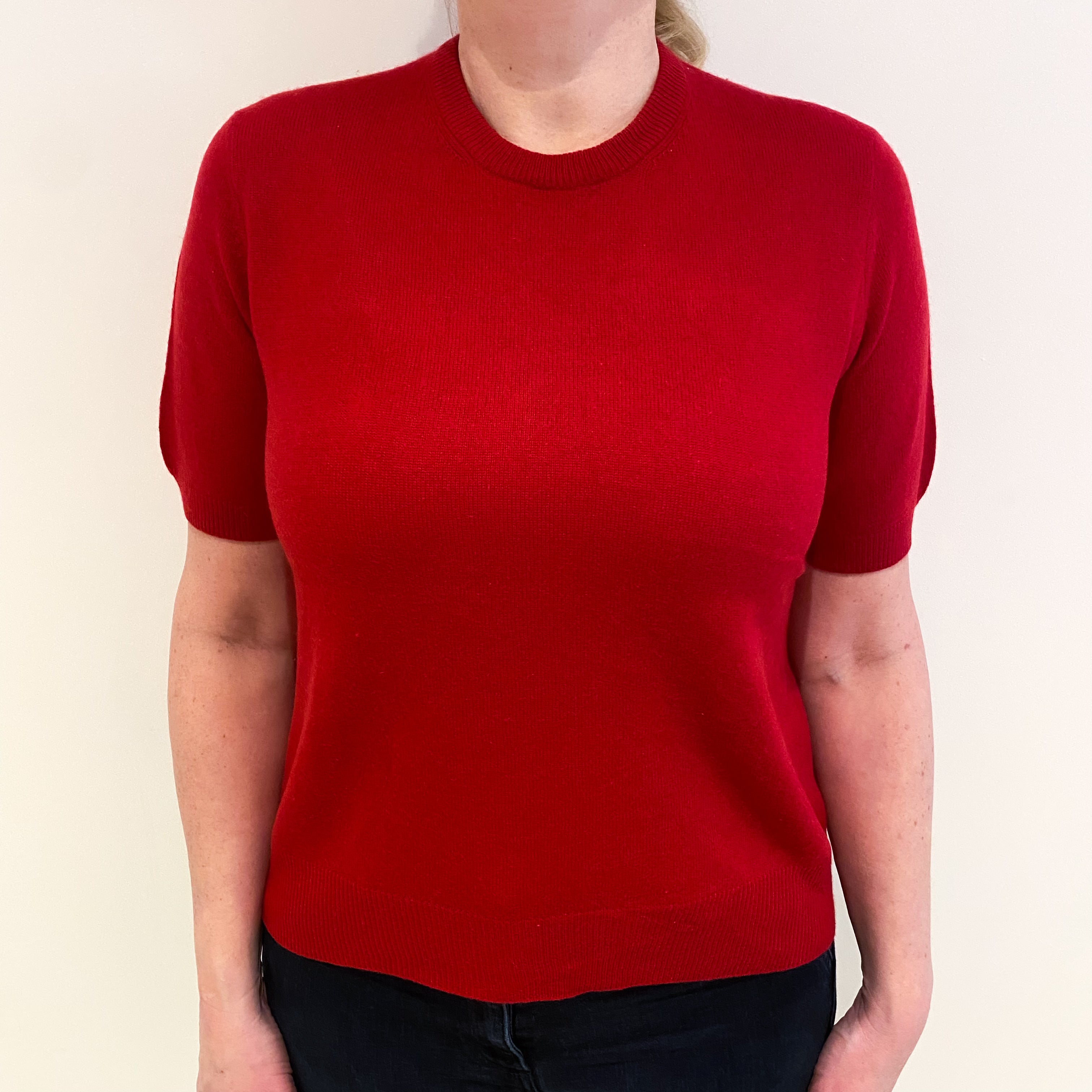 Post Box Red Cashmere Crew Neck Short Sleeved Jumper Large