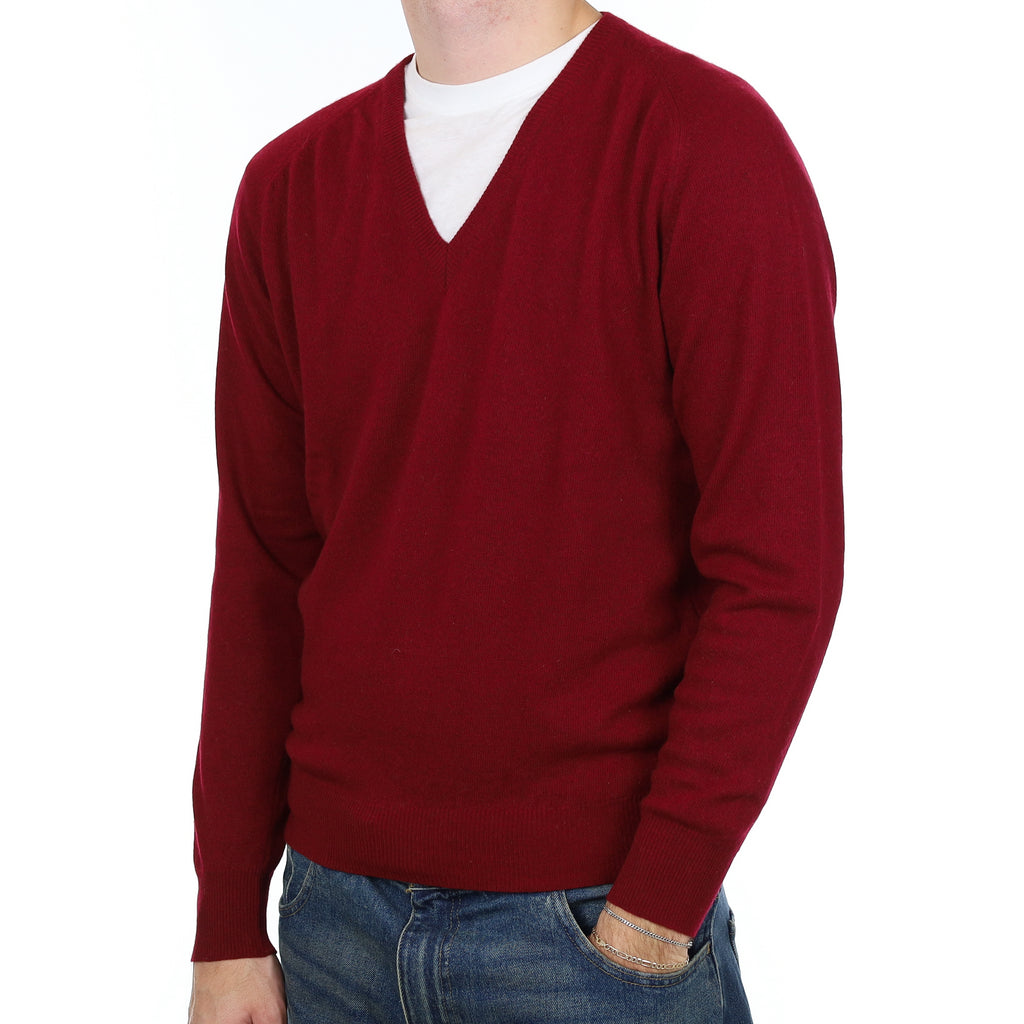 Men’s Burgundy Red Cashmere V Neck Jumper Large