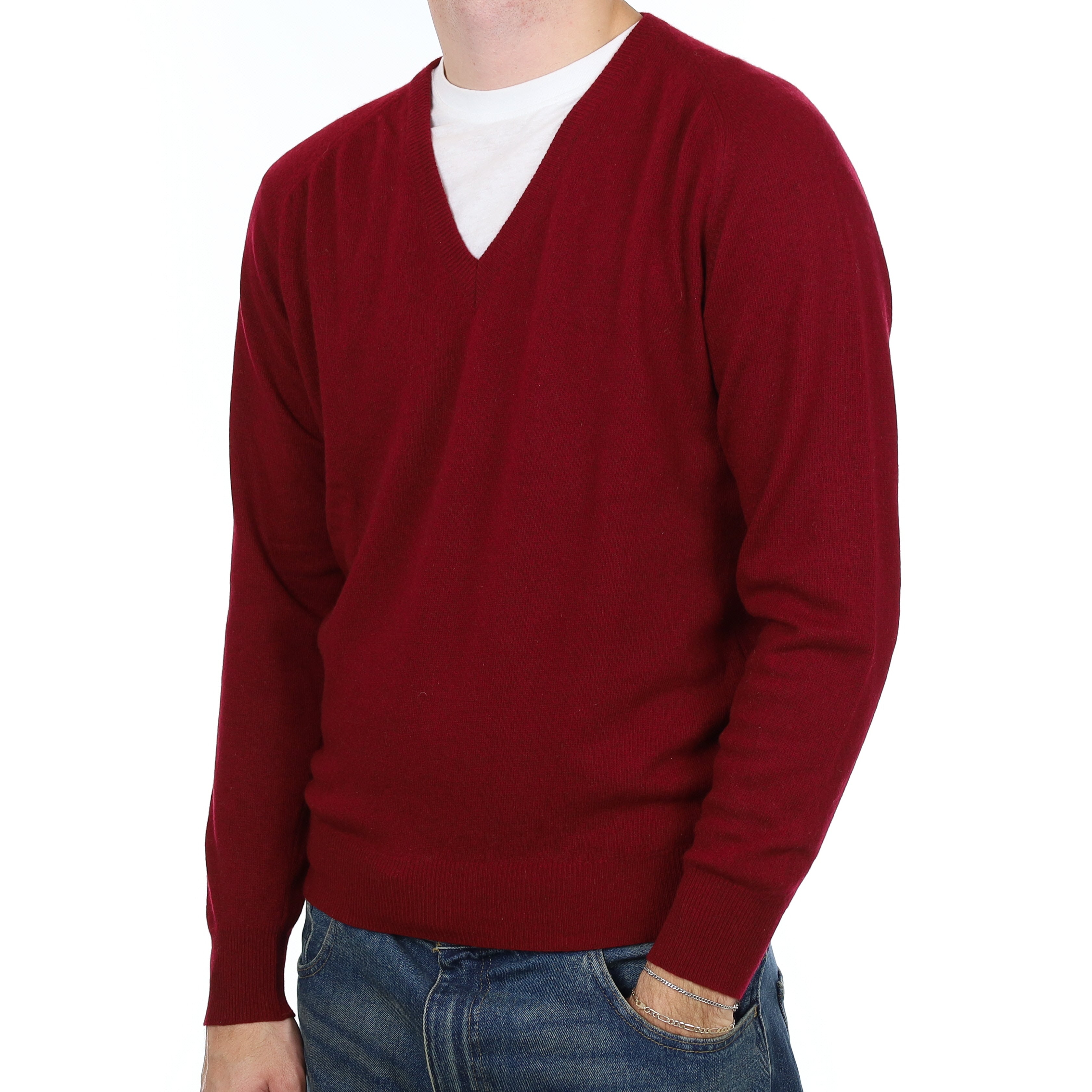 Men’s Burgundy Red Cashmere V Neck Jumper Large
