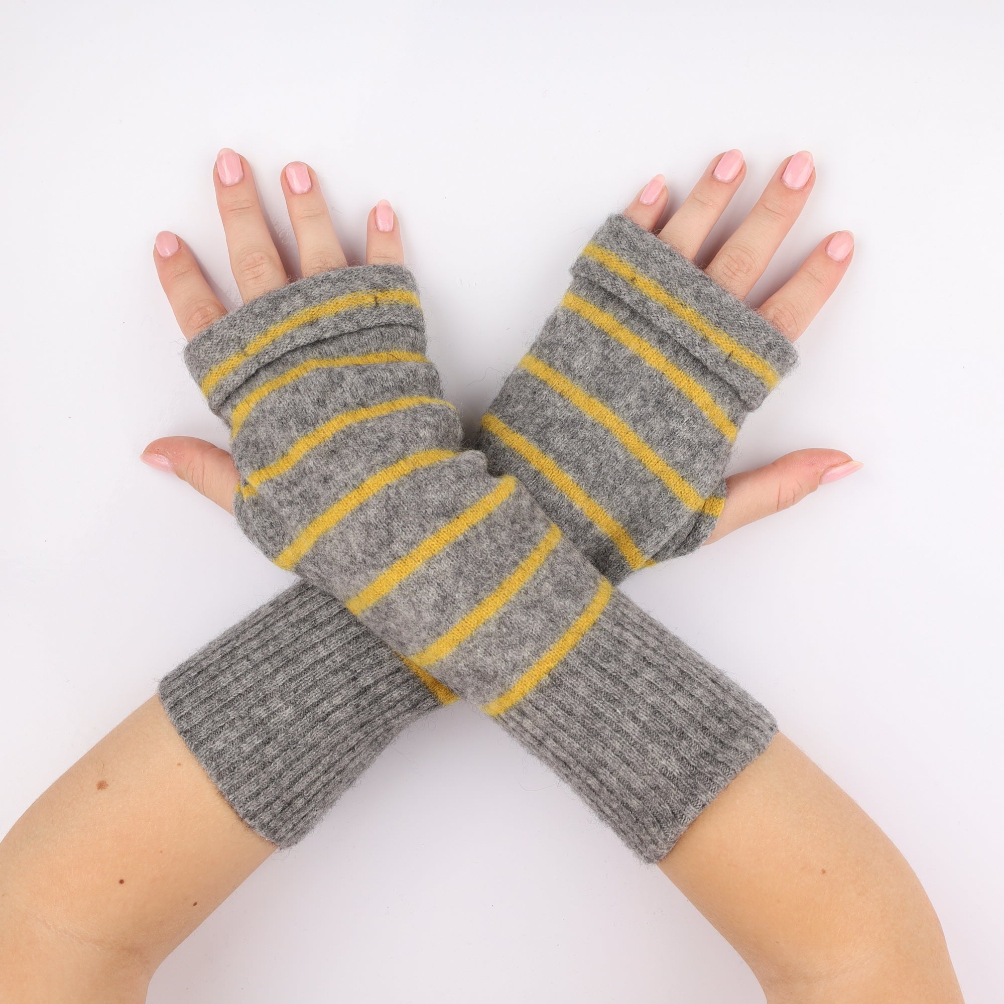 Grey and Yellow Striped Fingerless Gloves