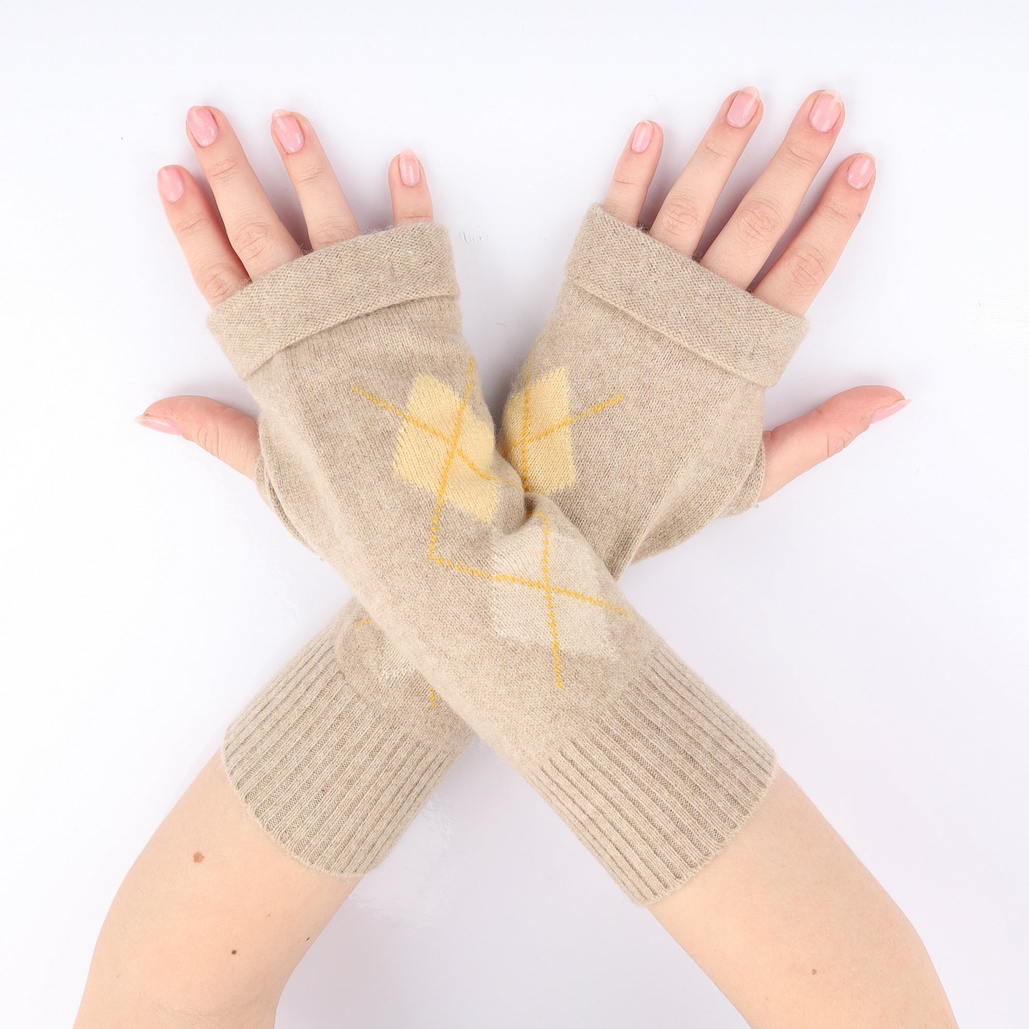 Fawn and Yellow Diamond Fingerless Gloves
