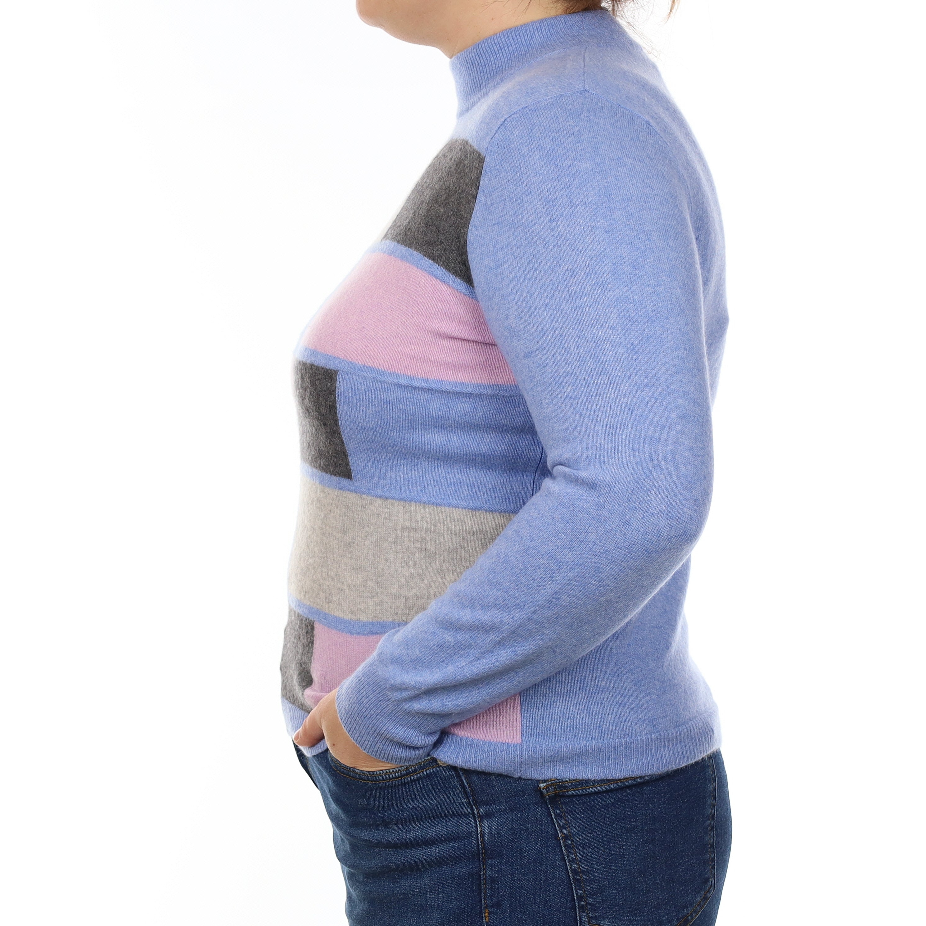 Blue And Lilac Colour Block Cashmere Turtle Neck Jumper Large