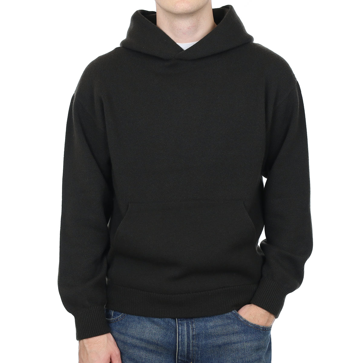 Men’s Brand New Scottish Darkest Khaki Extra Chunky Cashmere Hoodie Jumper with Pocket Medium