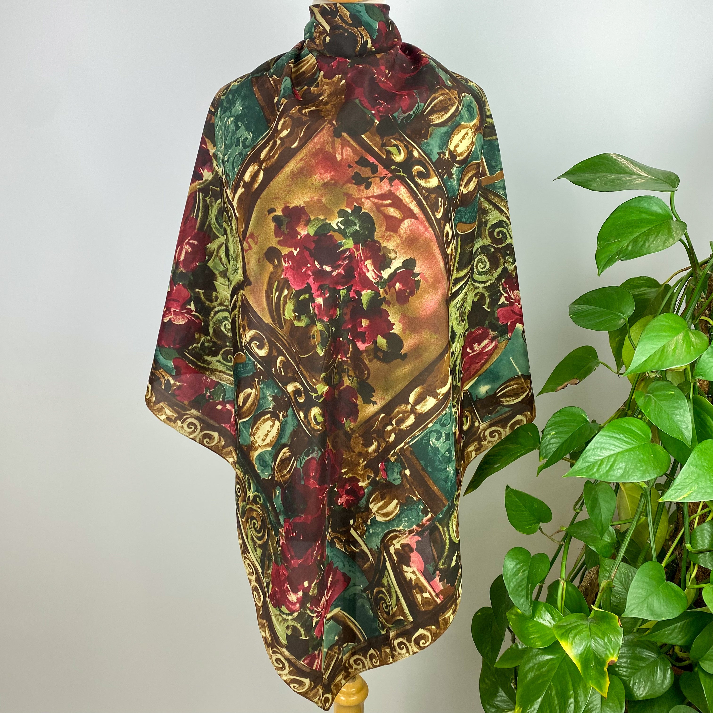 Green Floral Vintage Silk Scarf