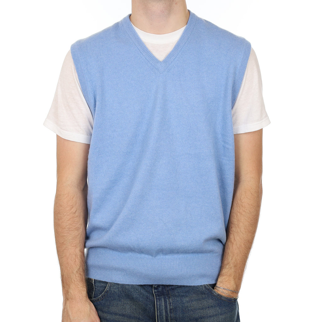 Men’s Sky Blue Cashmere V Neck Tank Top Large