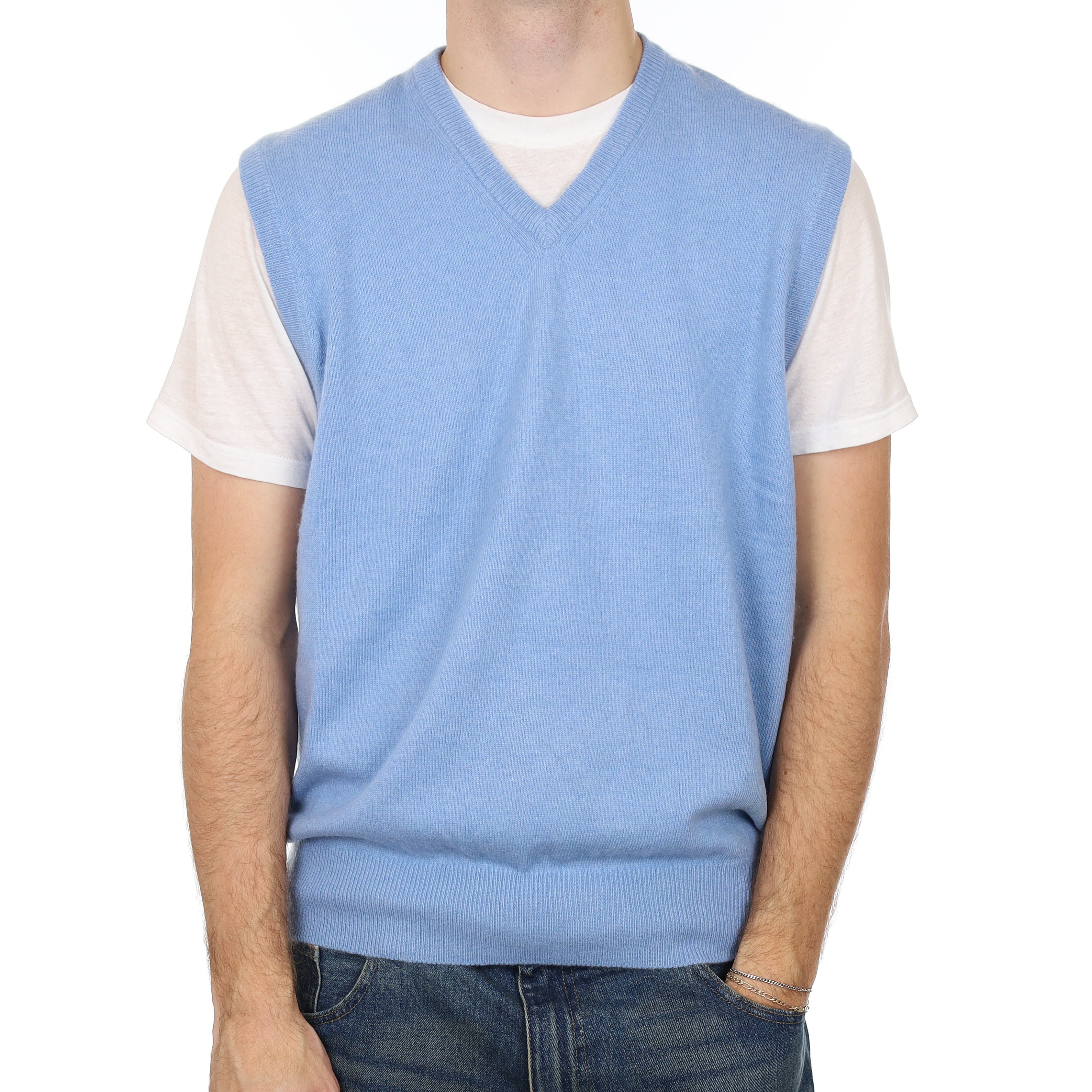 Men’s Sky Blue Cashmere V Neck Tank Top Large