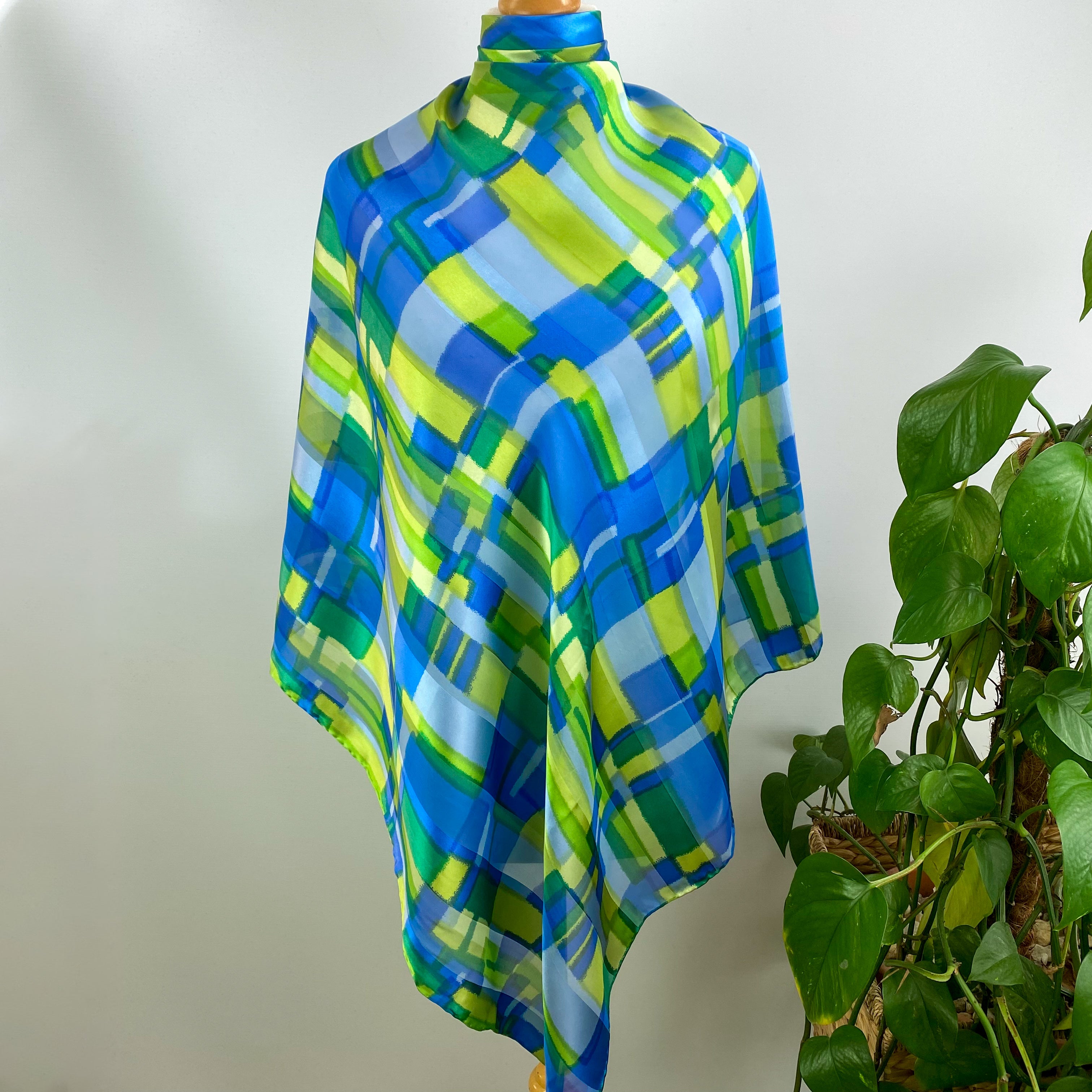 Green & Blue Block Pattern Vintage Silk Scarf