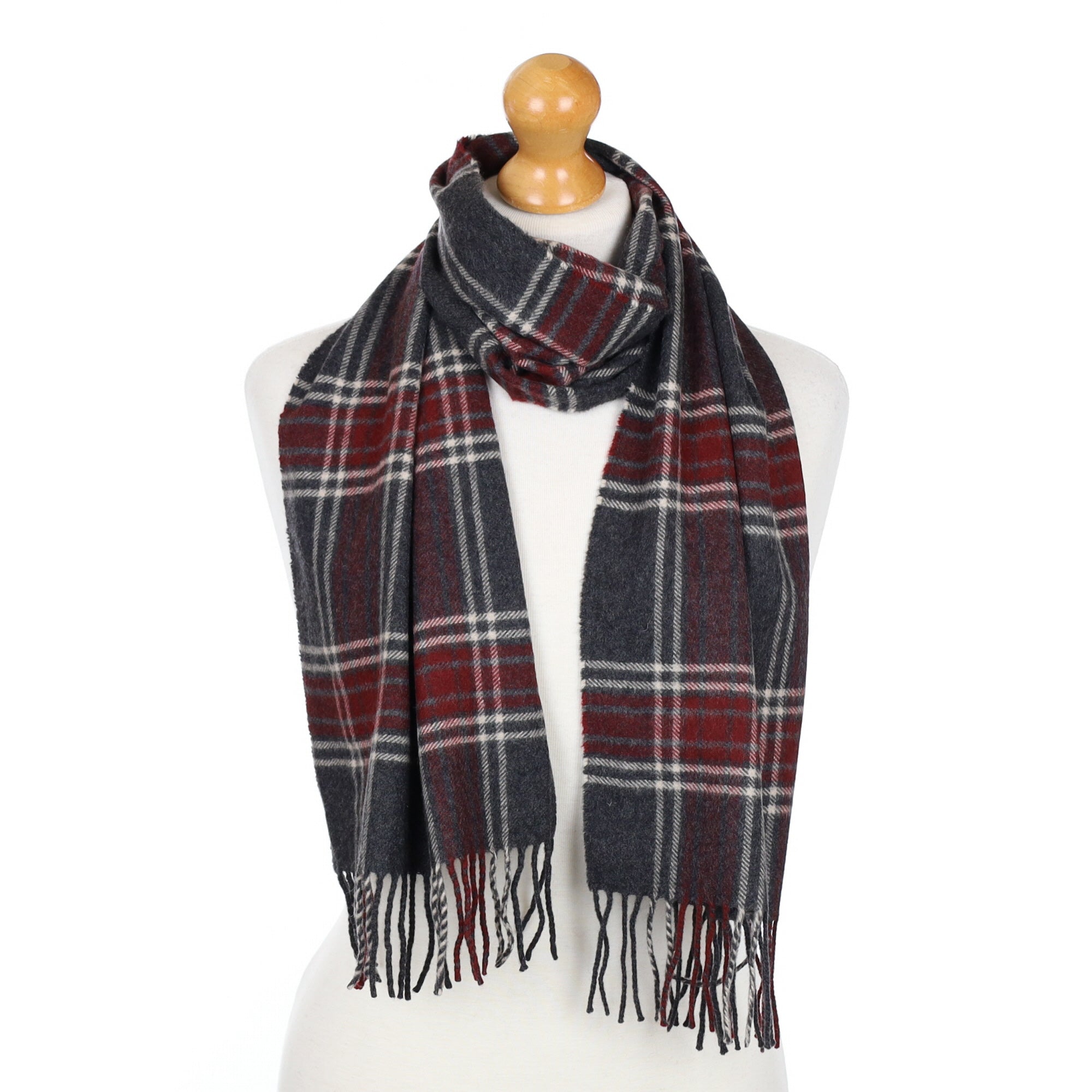 Grey and Red Checked Fringed Cashmere Woven Scarf