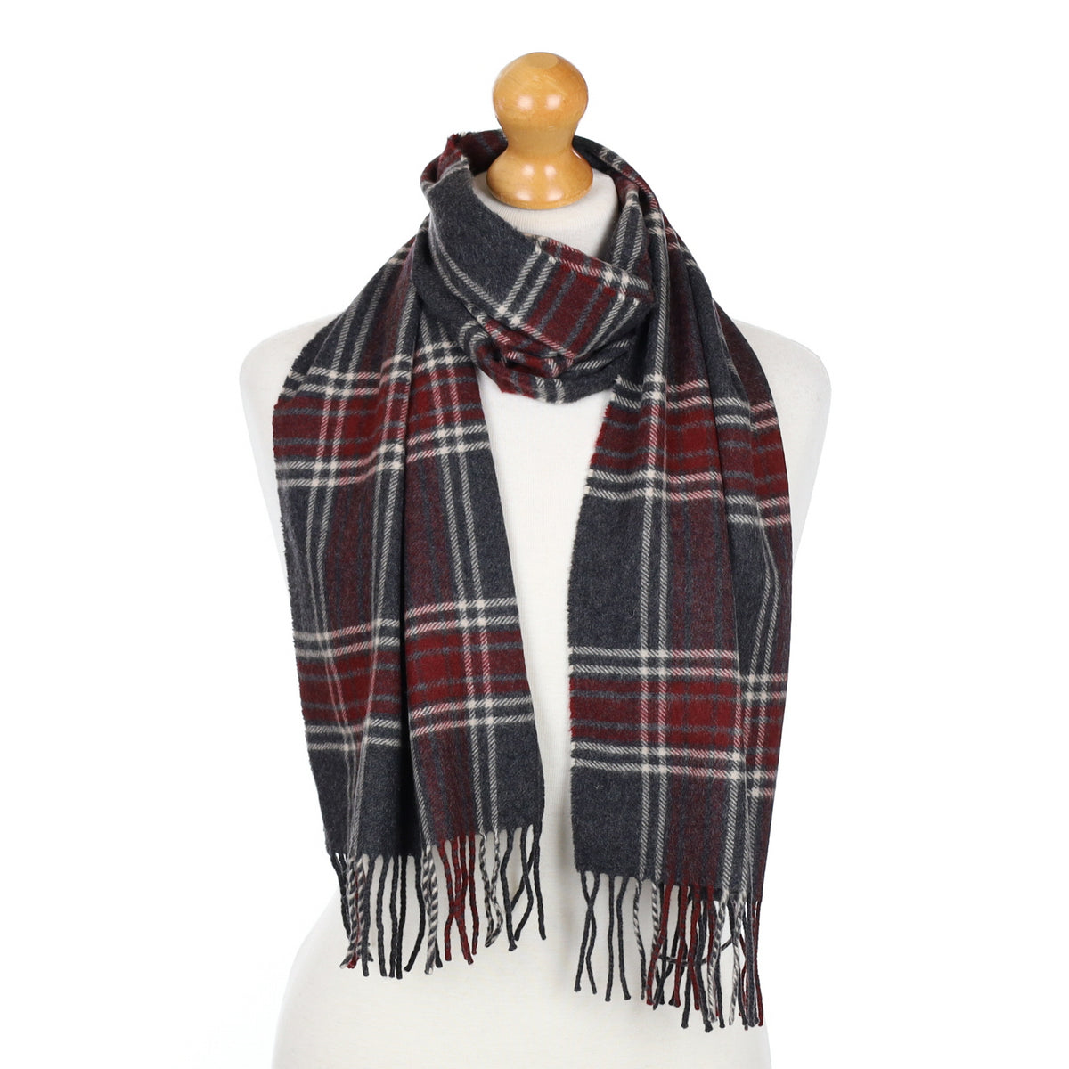Grey and Red Checked Fringed Cashmere Woven Scarf