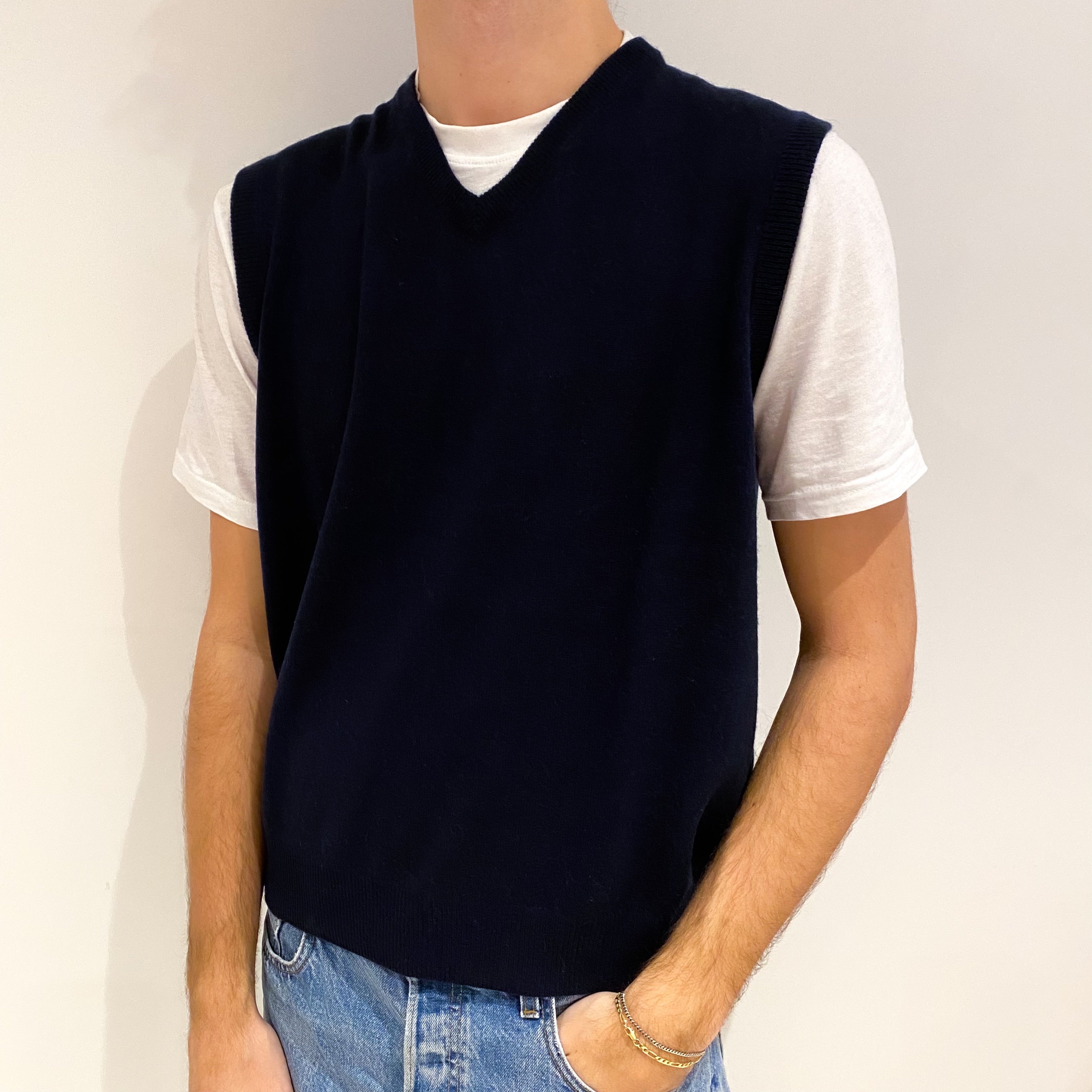 Men's Navy Blue Cashmere V Neck Tank Top Large