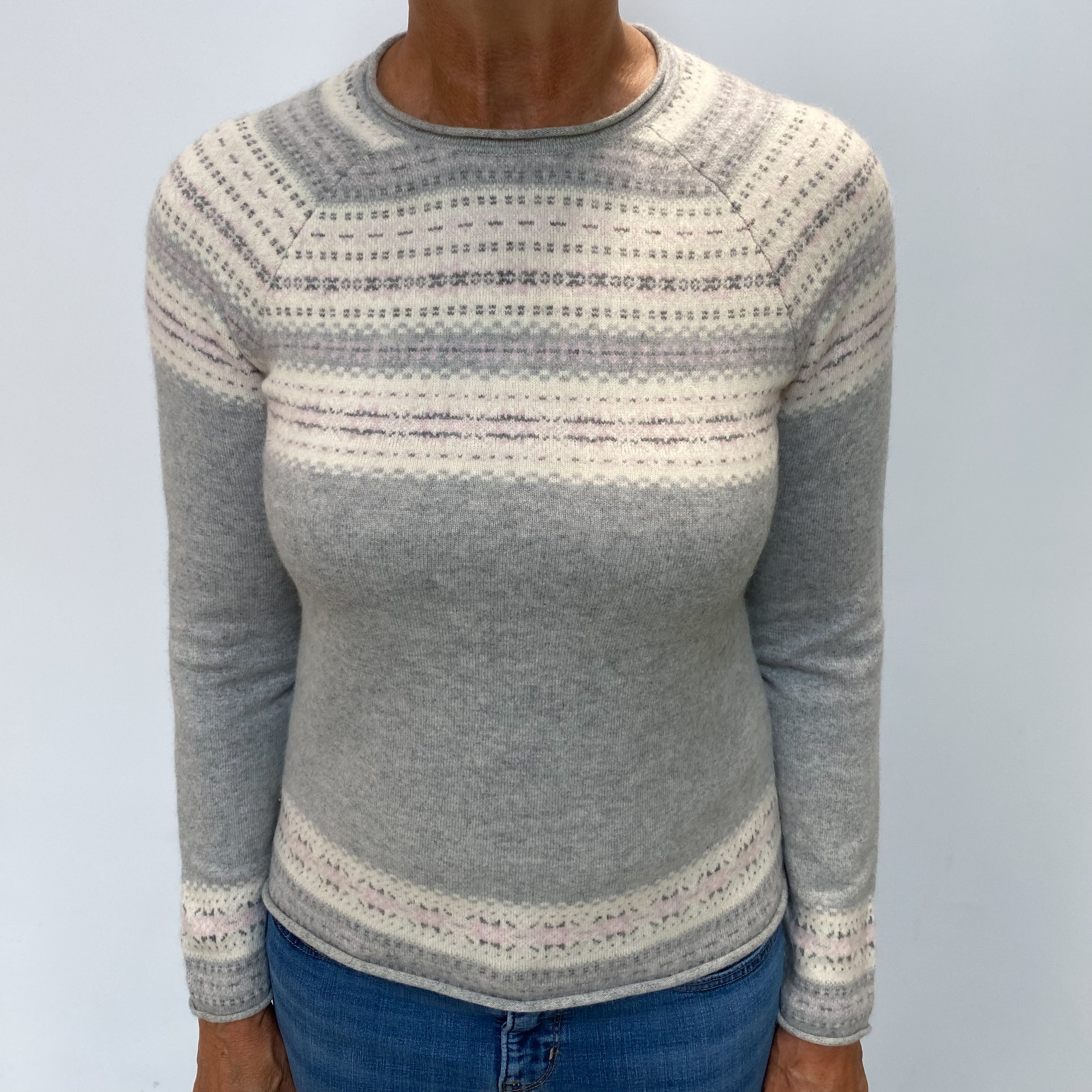 Smoke Grey Fair-Isle Cashmere Crew Neck Jumper Medium
