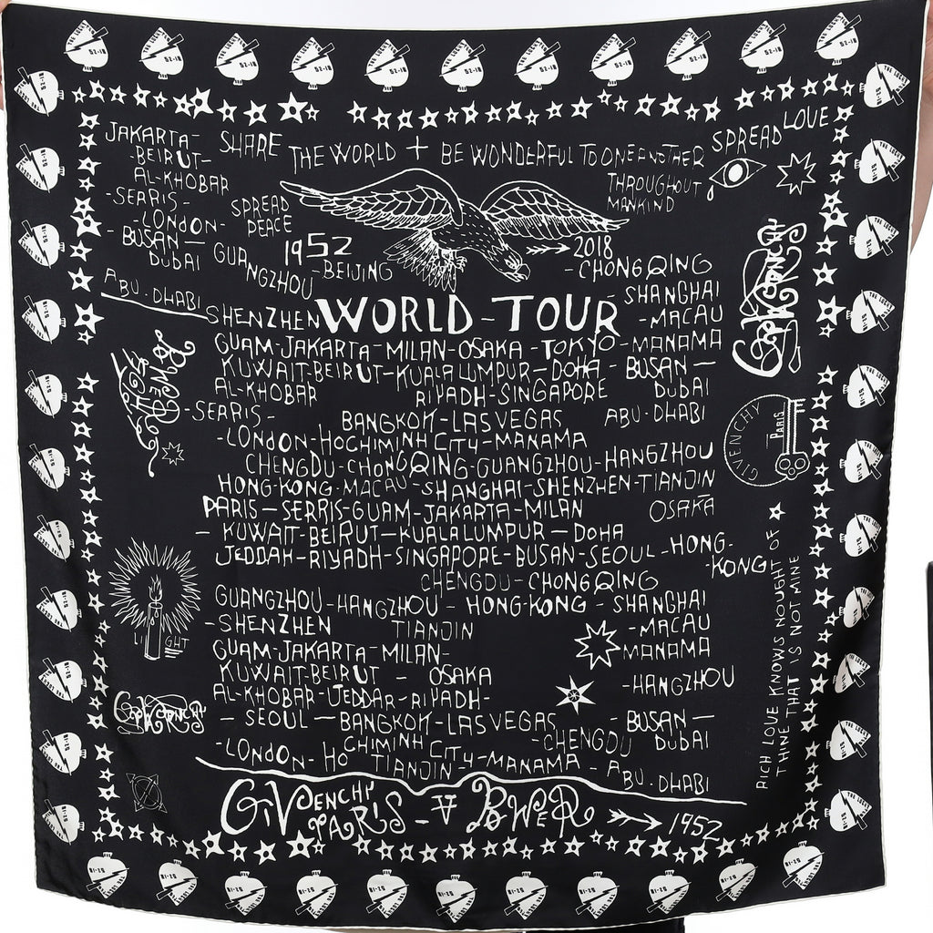 Pristine Givenchy ‘World Tour’ Black Silk Scarf