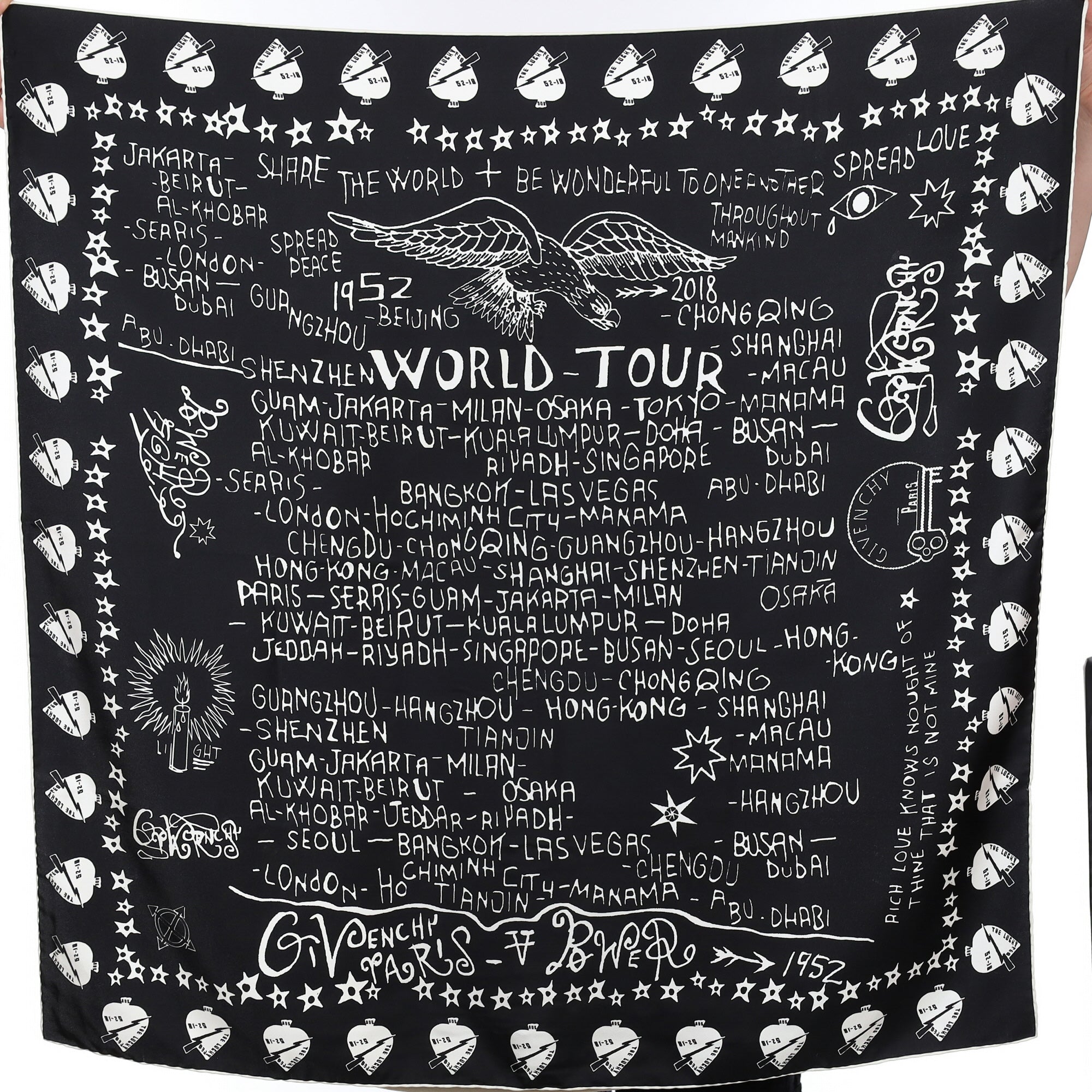 Pristine Givenchy ‘World Tour’ Black Silk Scarf