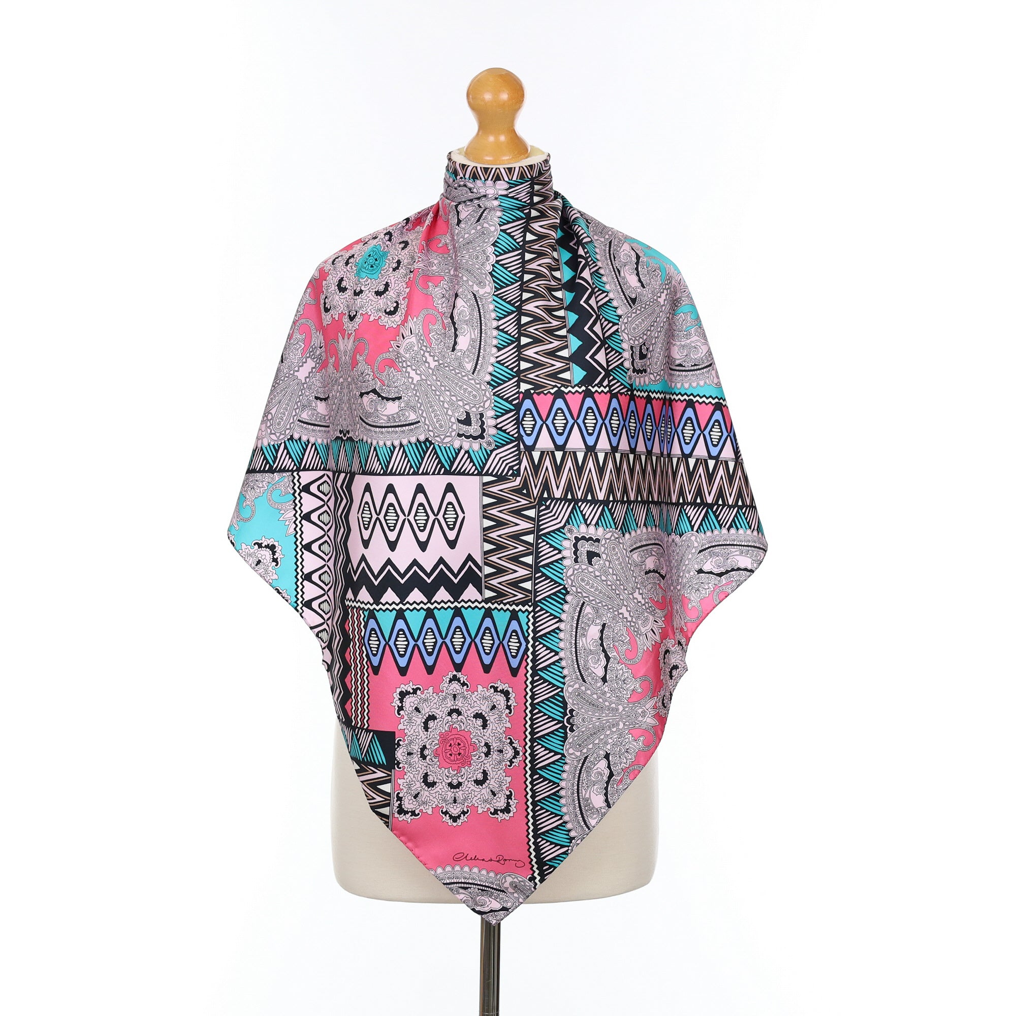 Clelia & Romy Pink, Teal and Black Patterned Silk Scarf