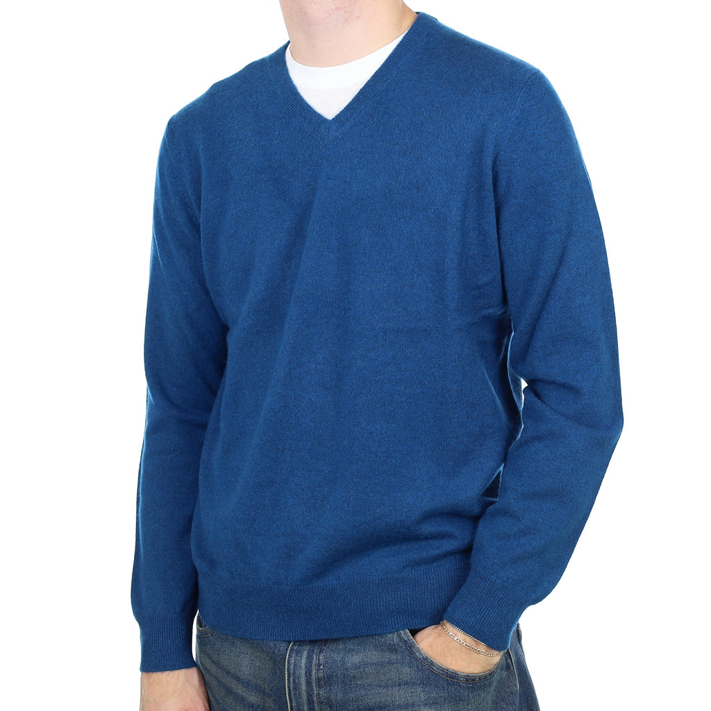 Men’s Deep Ocean Blue Cashmere V Neck Jumper Large